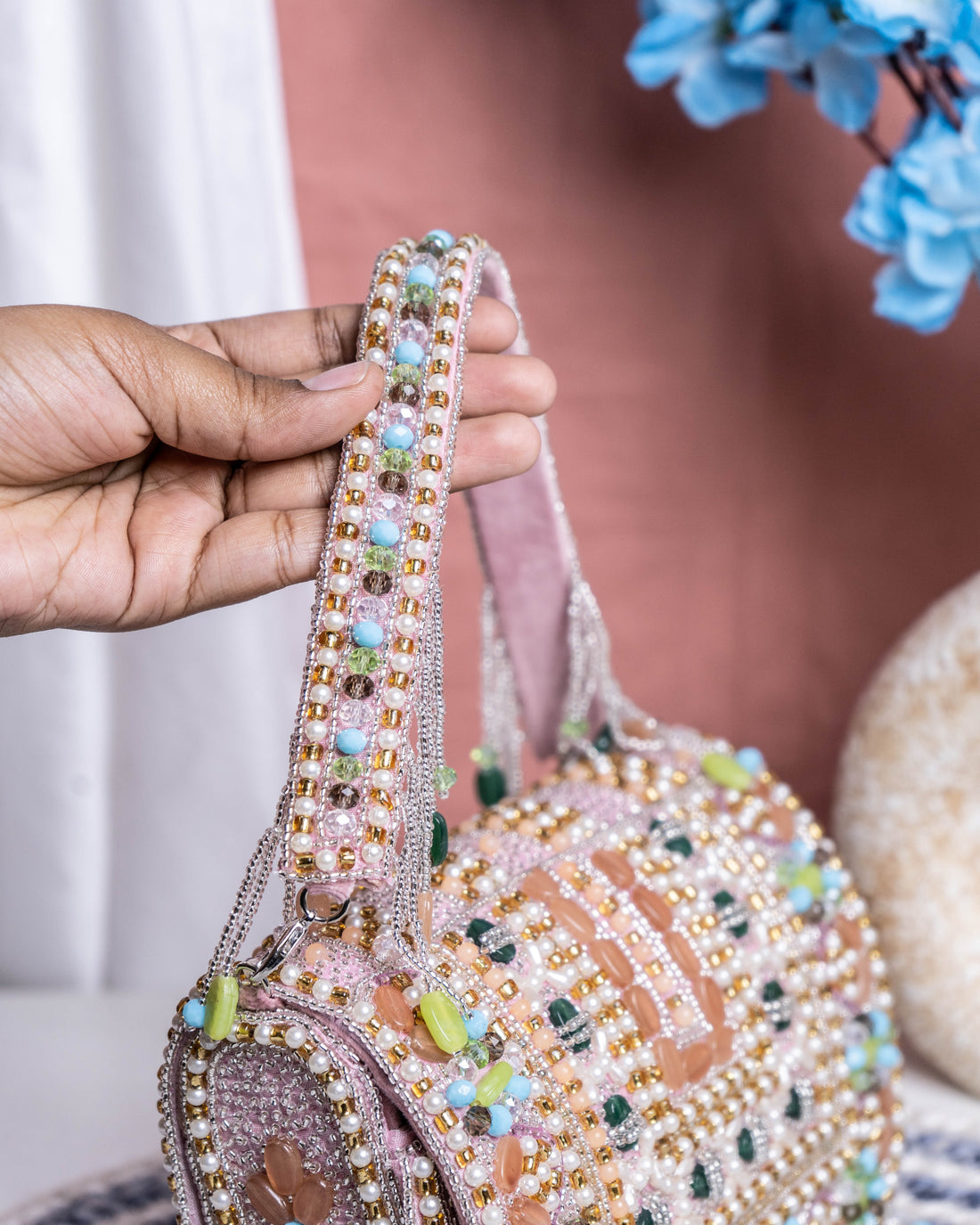 Ameira Green & Nude Crystal Beaded Box Bag