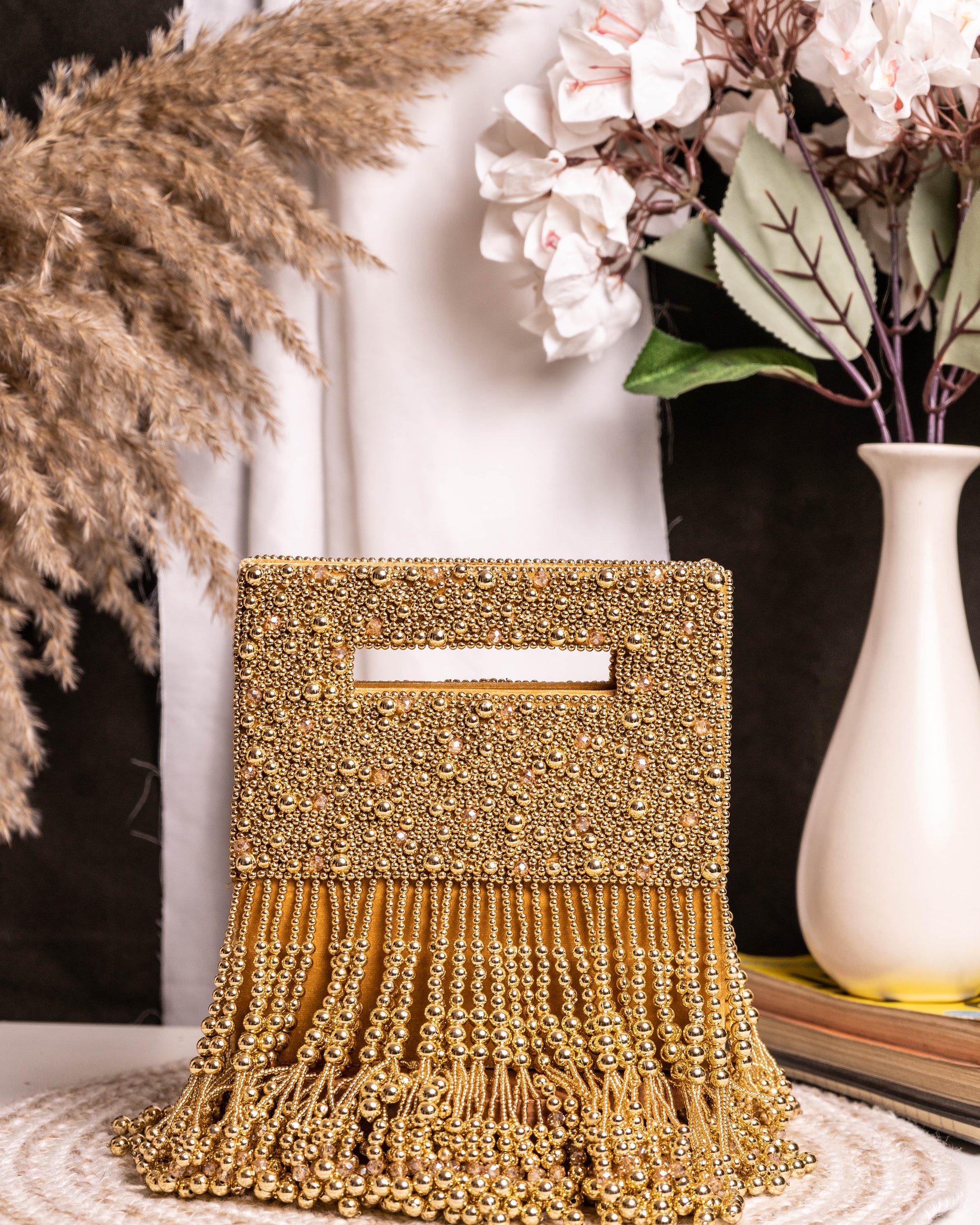 Noor Jahan Regal Crimson Beaded Fringe Clutch