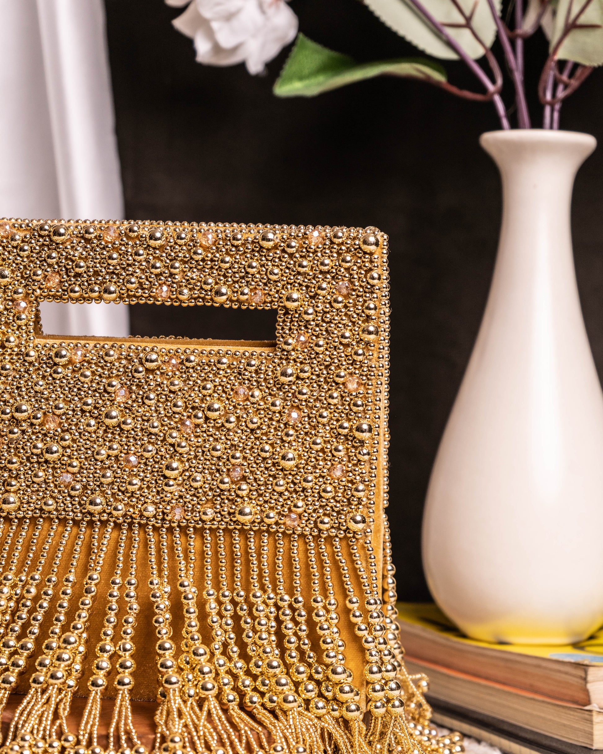 Noor Jahan Regal Crimson Beaded Fringe Clutch