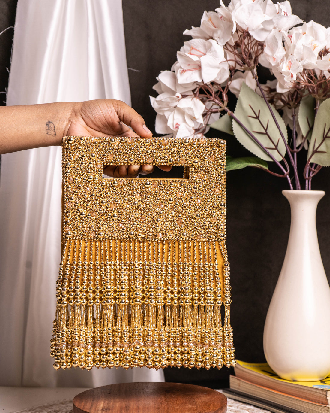 Noor Jahan Regal Crimson Beaded Fringe Clutch