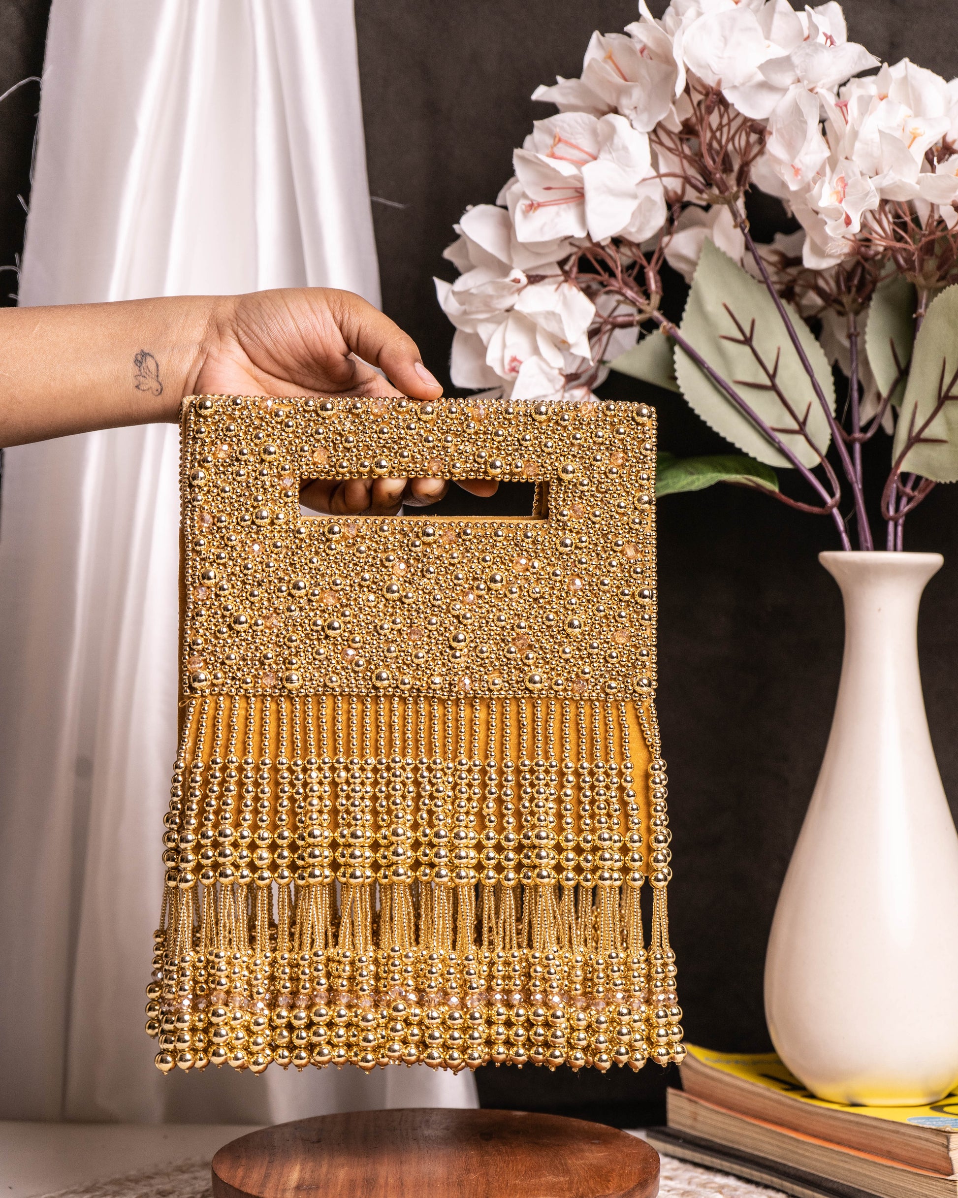 Noor Jahan Regal Crimson Beaded Fringe Clutch