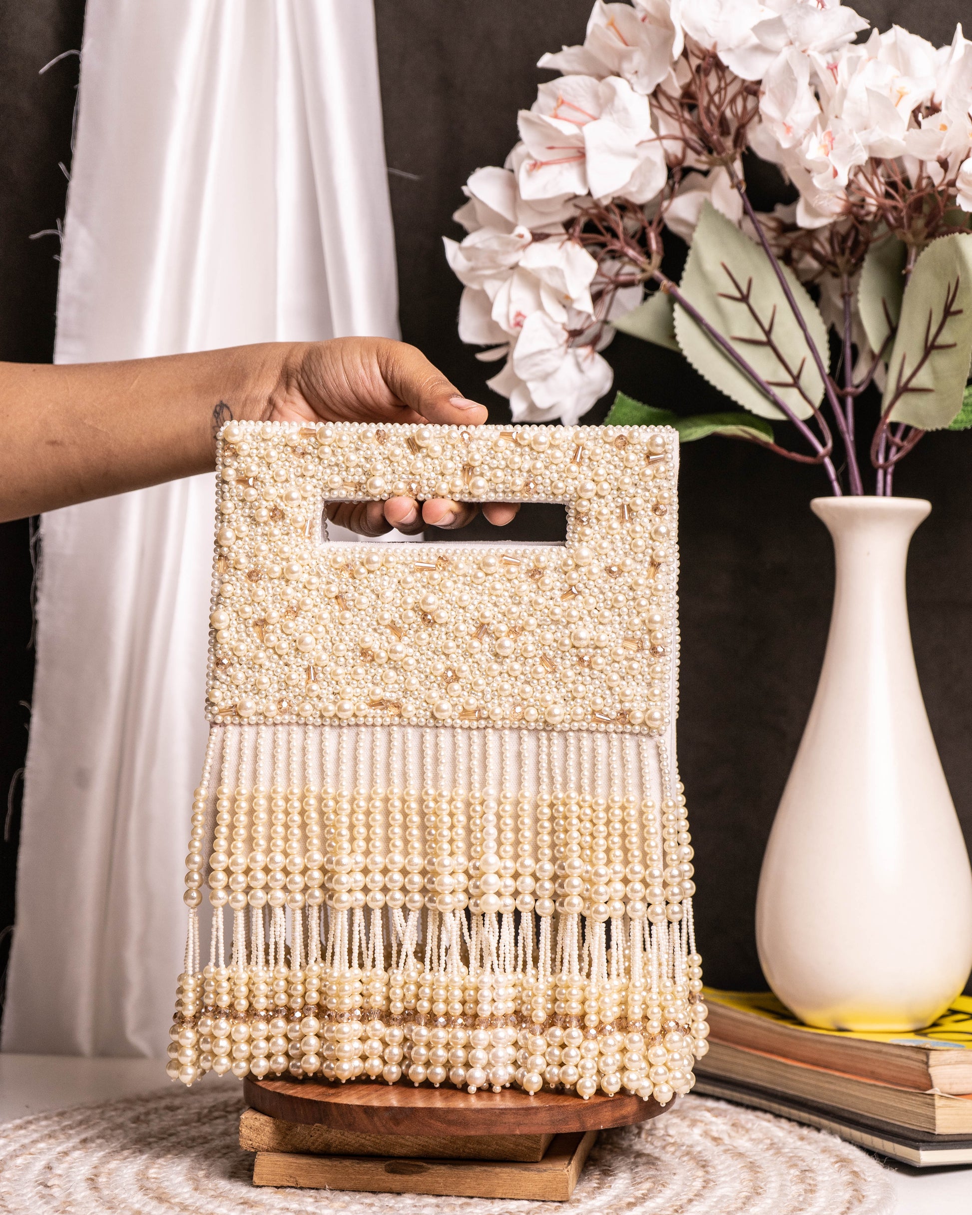 Noor Jahan Regal Crimson Beaded Fringe Clutch