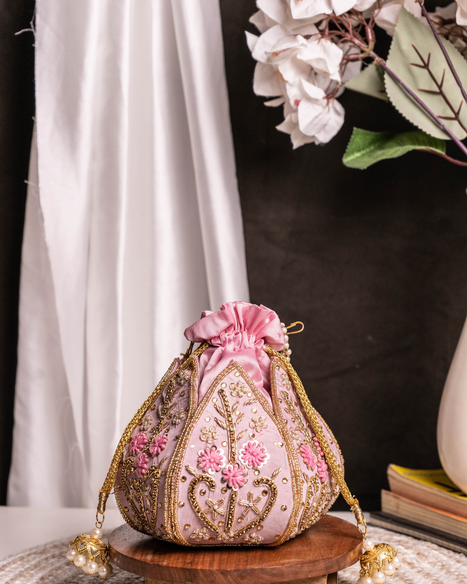 "The Blush Lotus" – Handcrafted Pearl Handle Evening Potli Bag