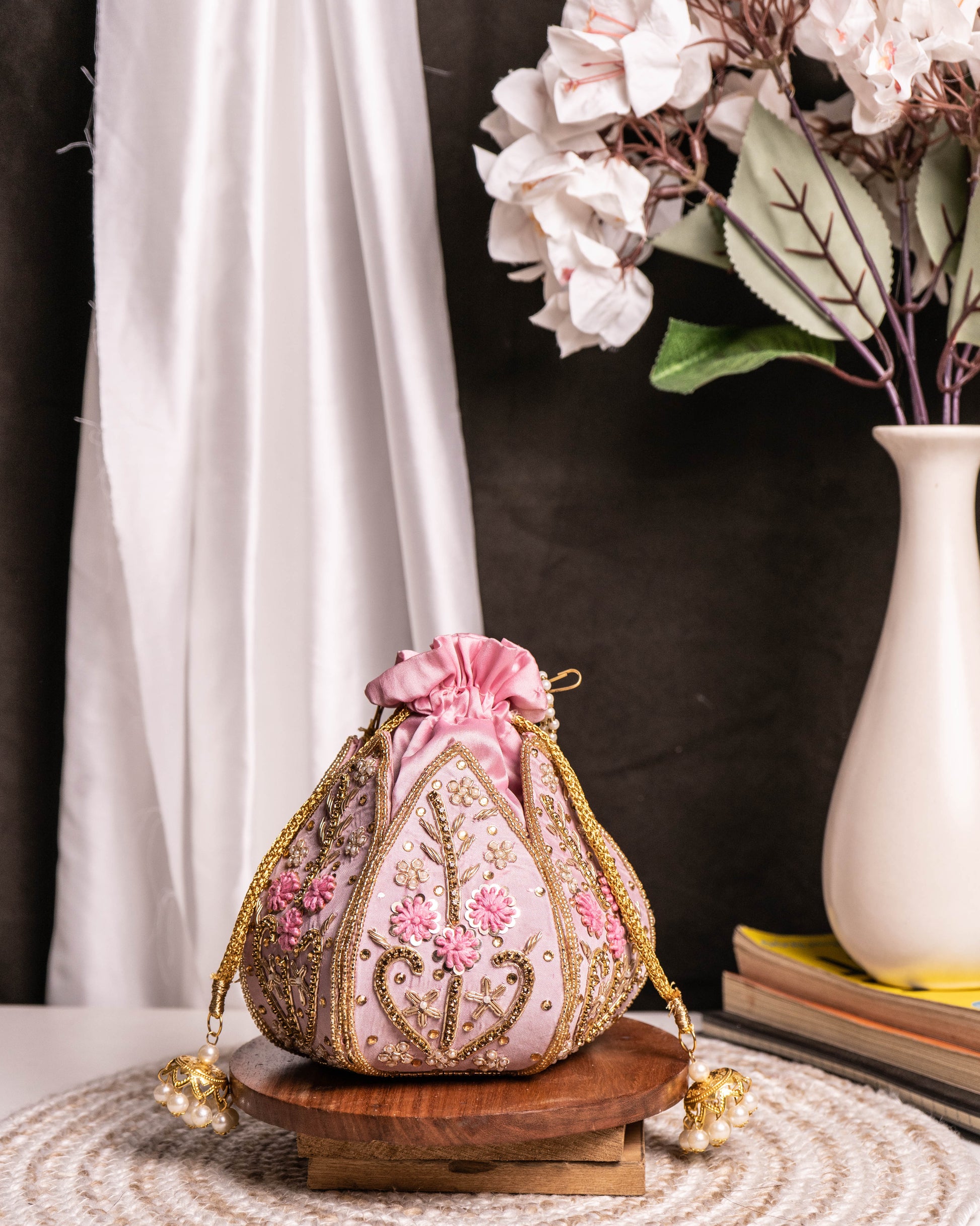 "The Blush Lotus" – Handcrafted Pearl Handle Evening Potli Bag