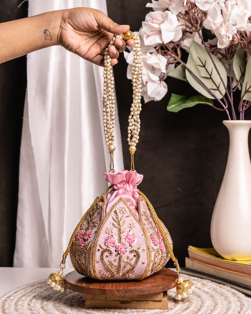 "The Blush Lotus" – Handcrafted Pearl Handle Evening Potli Bag