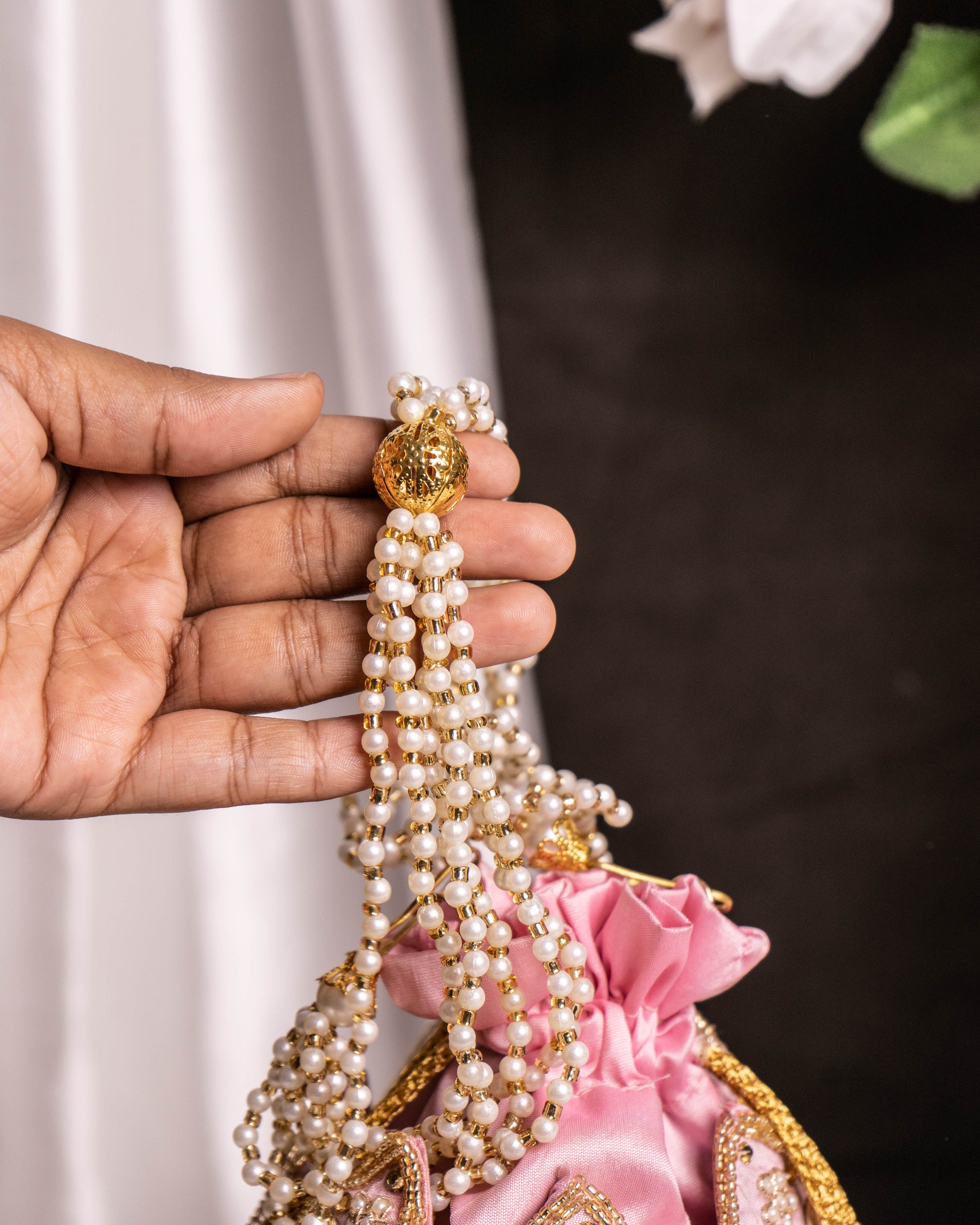 "The Blush Lotus" – Handcrafted Pearl Handle Evening Potli Bag