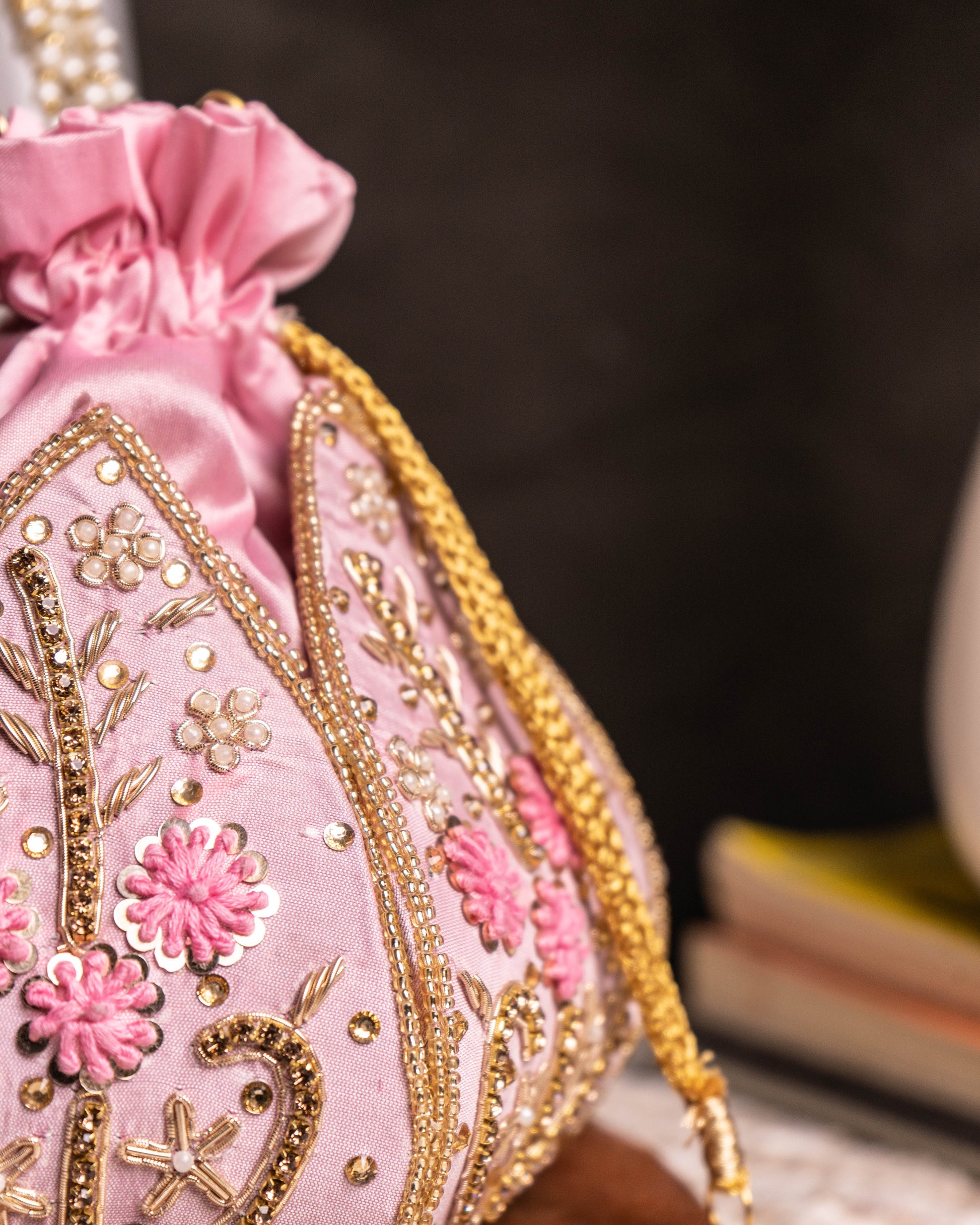 "The Blush Lotus" – Handcrafted Pearl Handle Evening Potli Bag