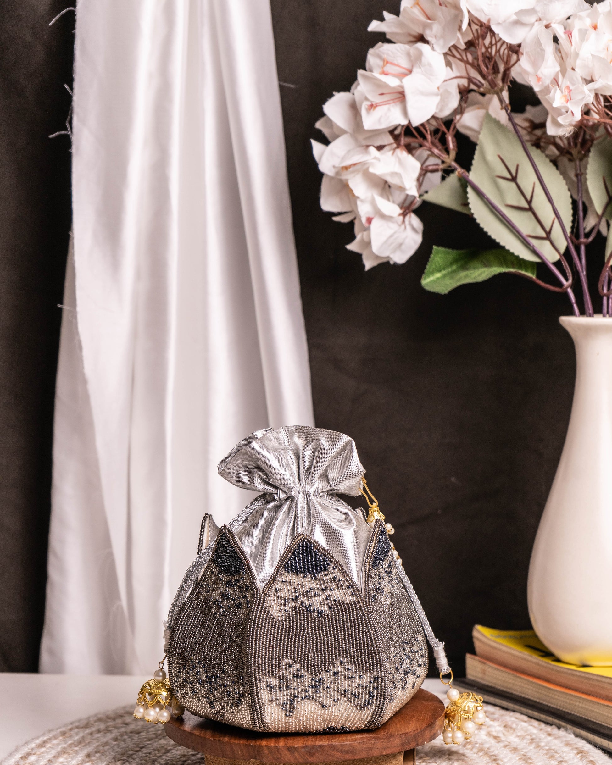 "Midnight Mirage" – Luxury Silver Beaded Lotus Potli Bag with Pearl Handle