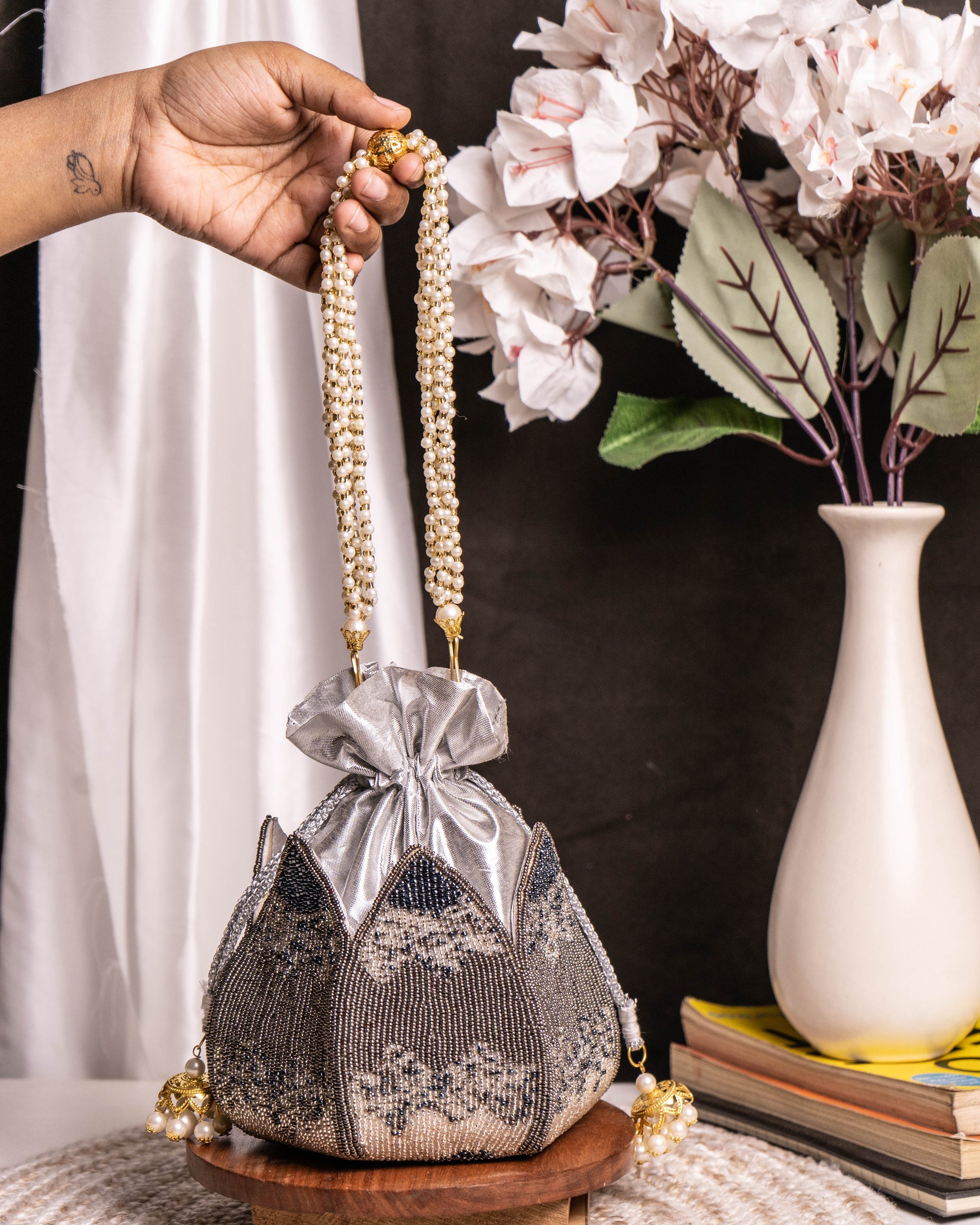 "Midnight Mirage" – Luxury Silver Beaded Lotus Potli Bag with Pearl Handle