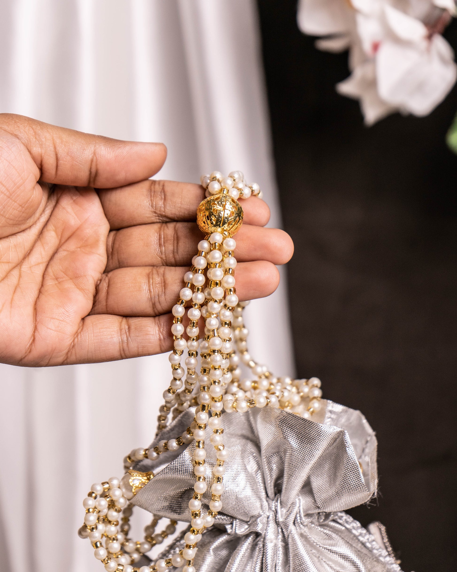 "Midnight Mirage" – Luxury Silver Beaded Lotus Potli Bag with Pearl Handle