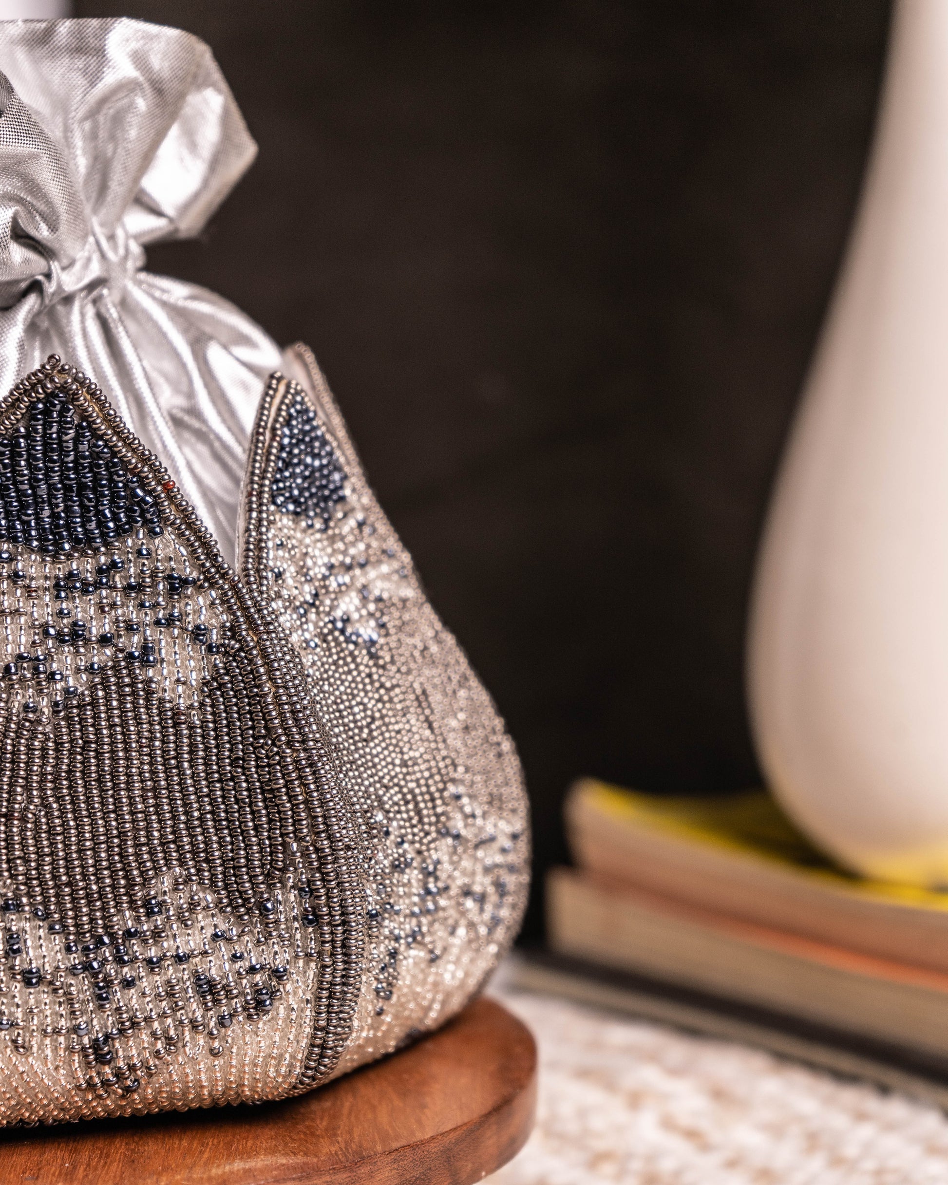 "Midnight Mirage" – Luxury Silver Beaded Lotus Potli Bag with Pearl Handle