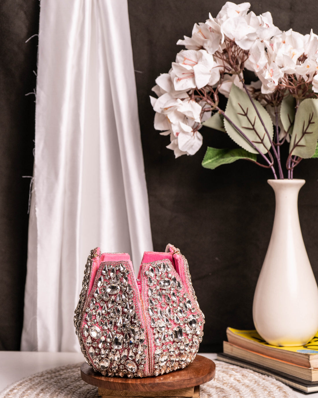Noor Pink Crystal Potli – Hand-Embellished Velvet Bag with Fringe Handle