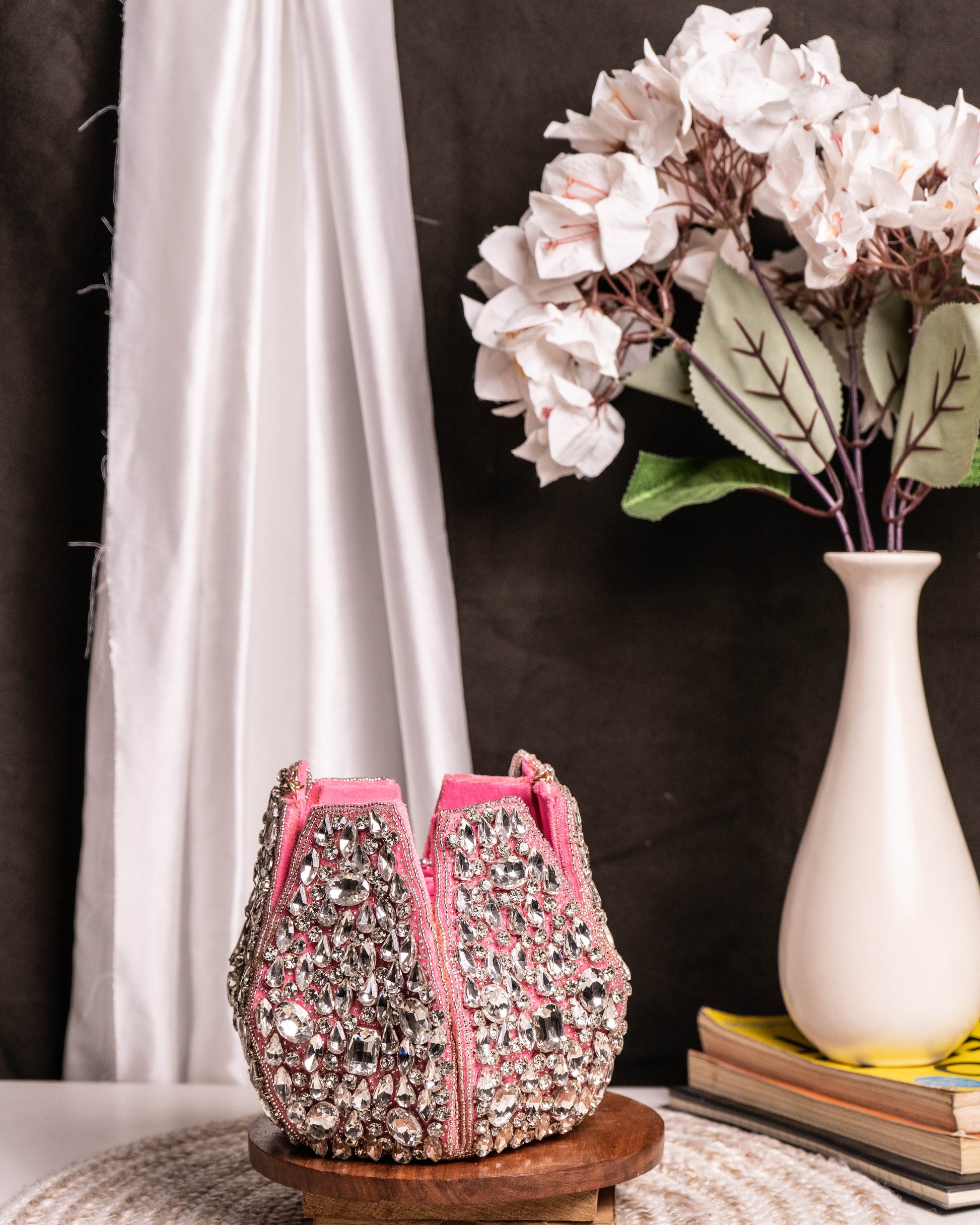 Noor Pink Crystal Potli – Hand-Embellished Velvet Bag with Fringe Handle