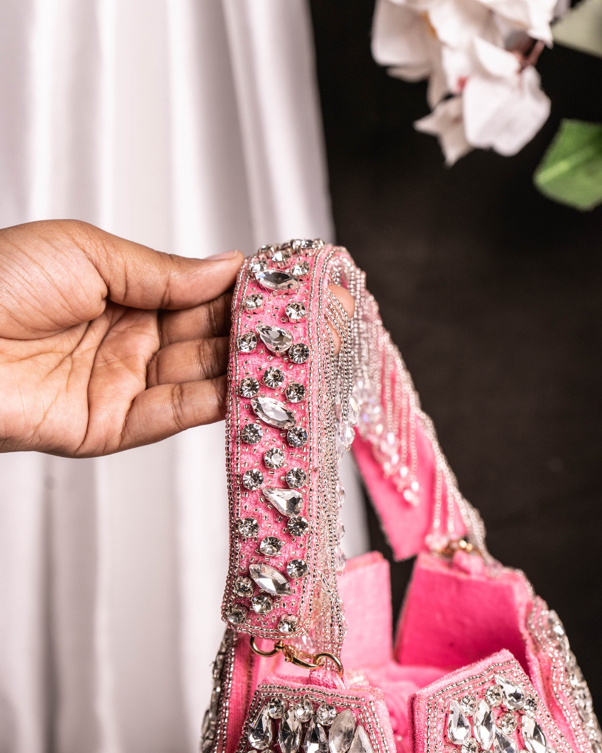 Noor Pink Crystal Potli – Hand-Embellished Velvet Bag with Fringe Handle