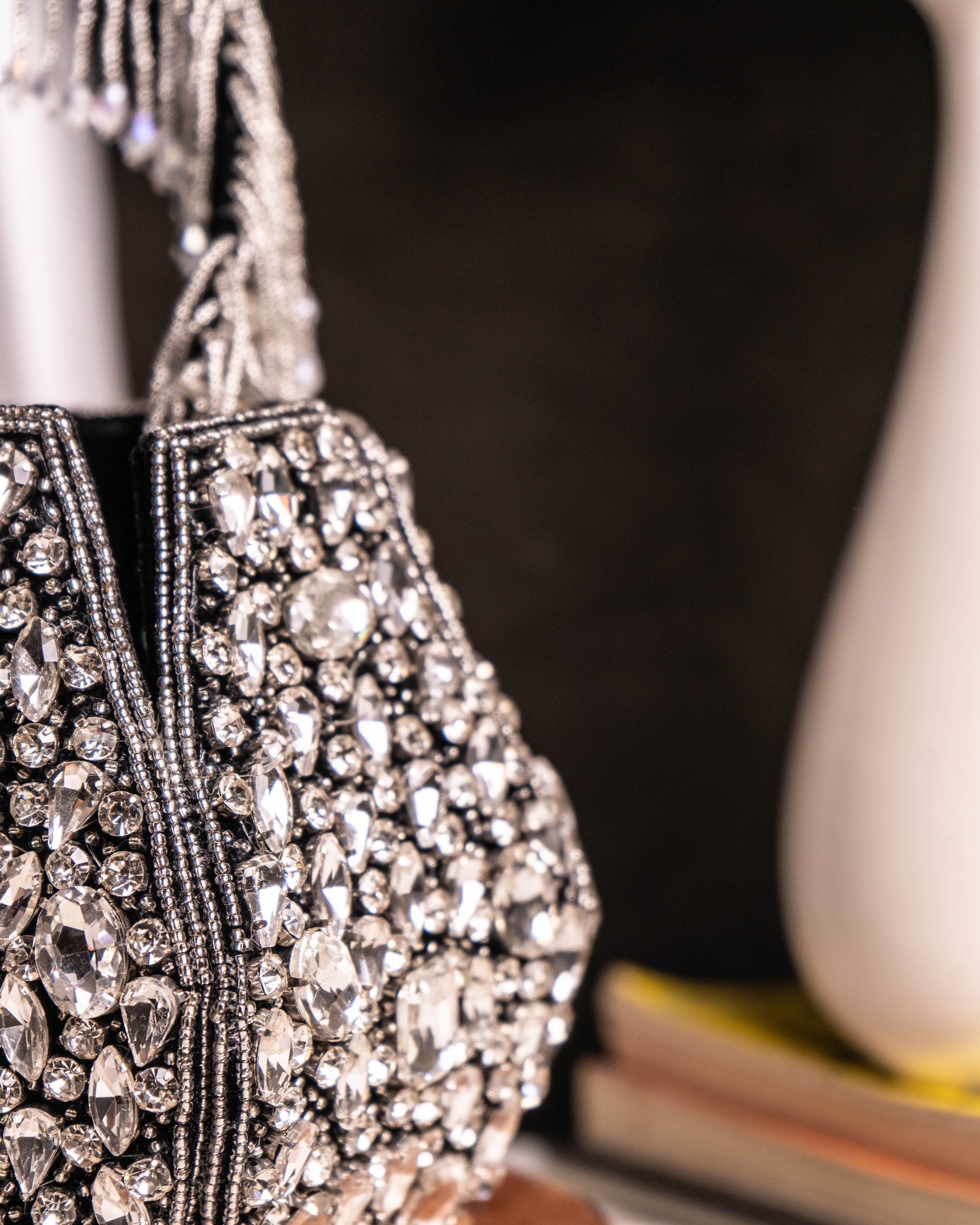 Noor Black Crystal Potli – Hand-Embellished Velvet Bag with Fringe Handle