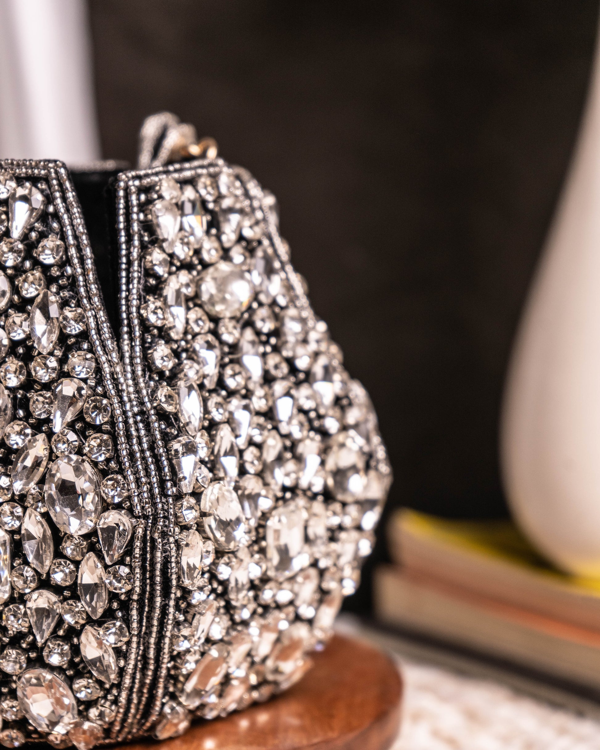 Noor Black Crystal Potli – Hand-Embellished Velvet Bag with Fringe Handle