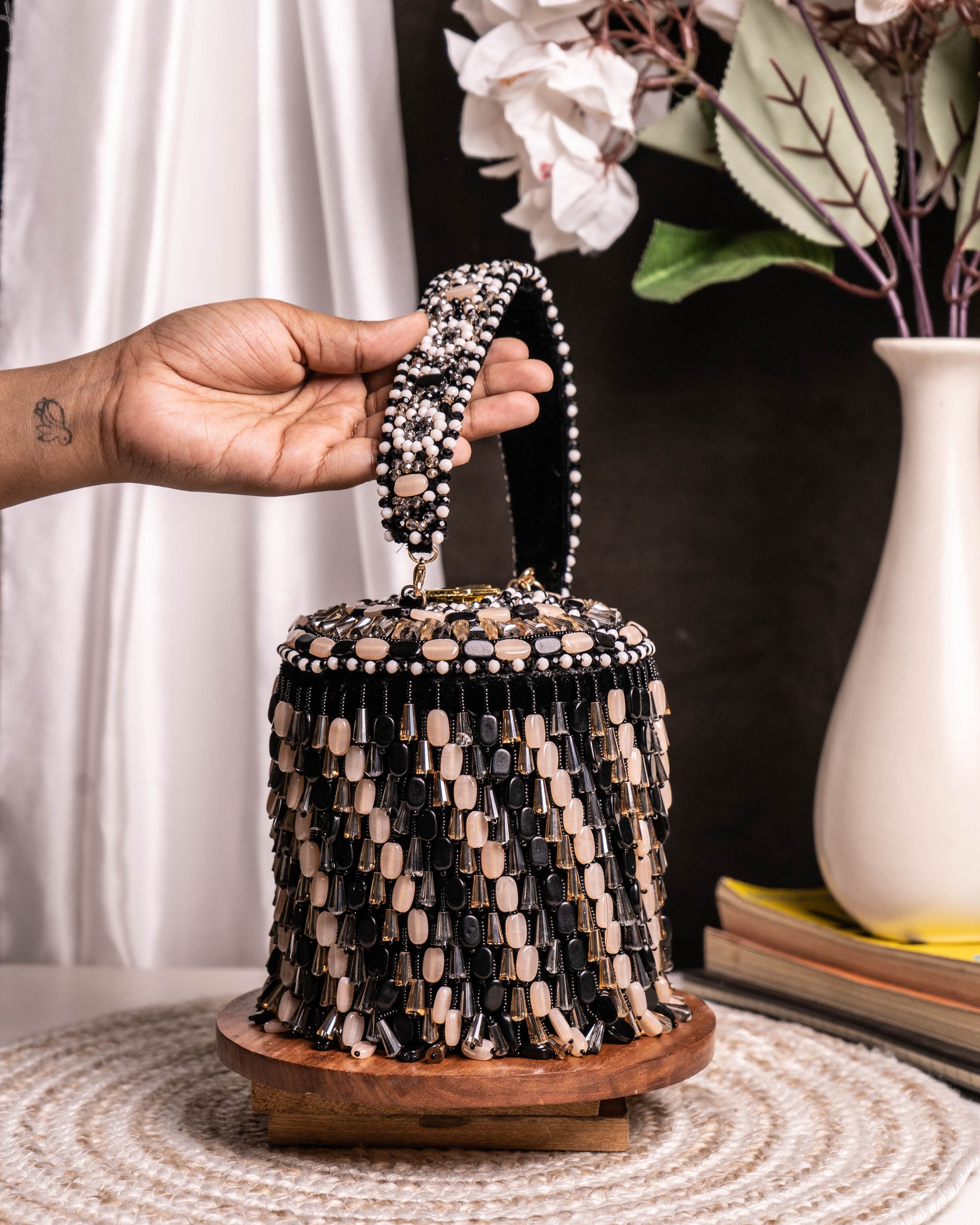 Ameira Black & Ivory Beaded Box Bag