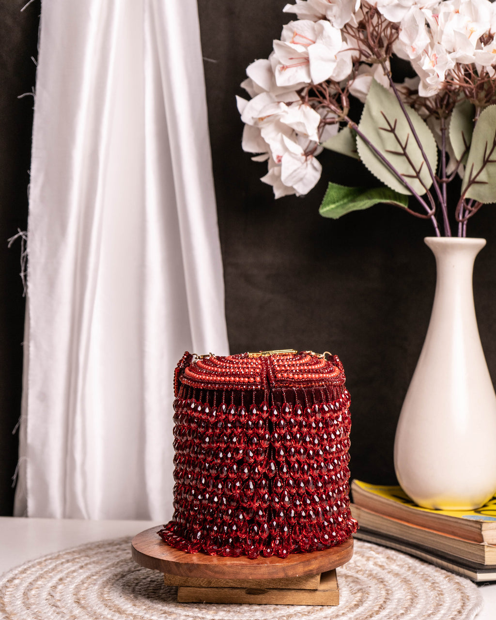 Ameira Crimson Red Beaded Box Bag
