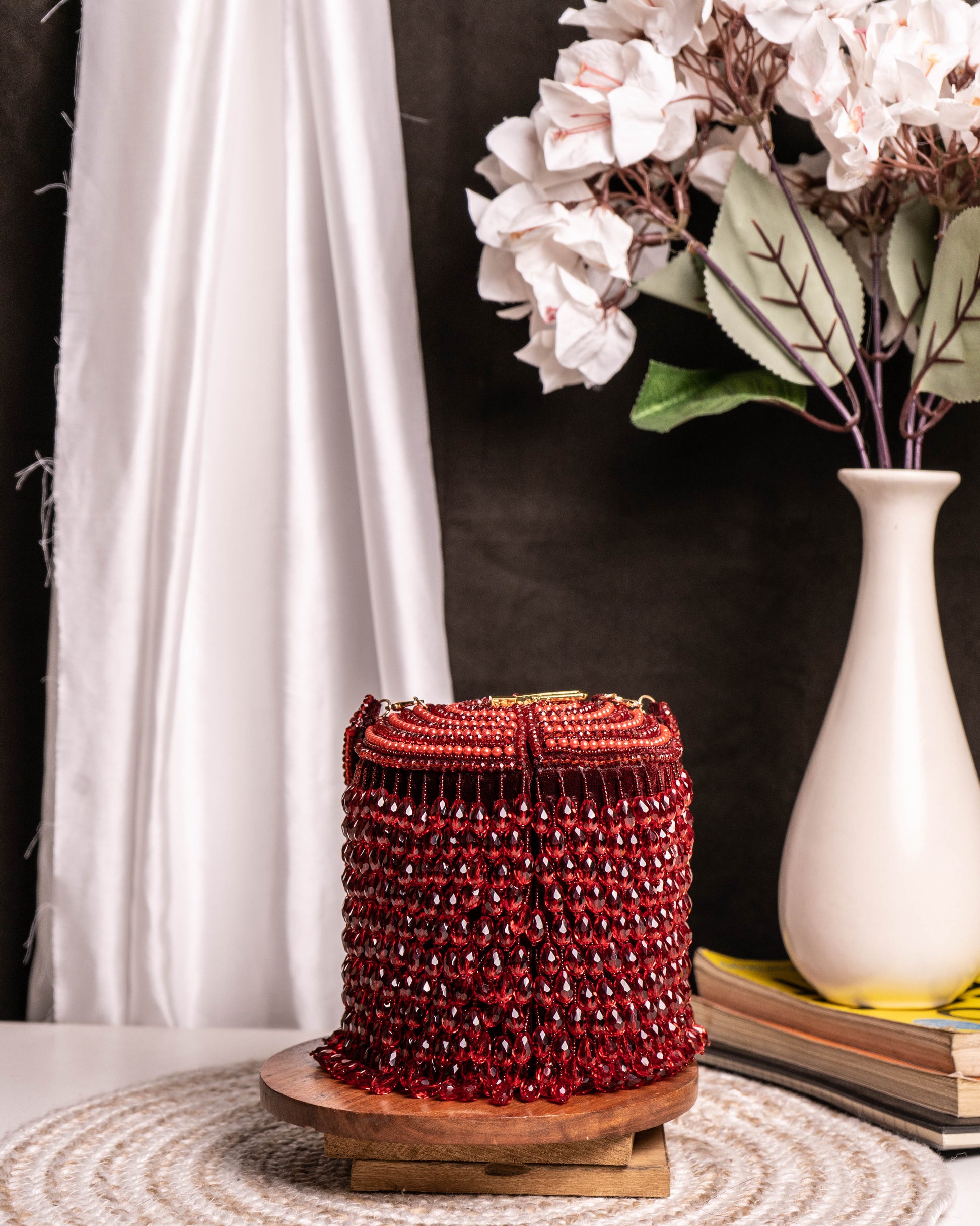 Ameira Crimson Red Beaded Box Bag