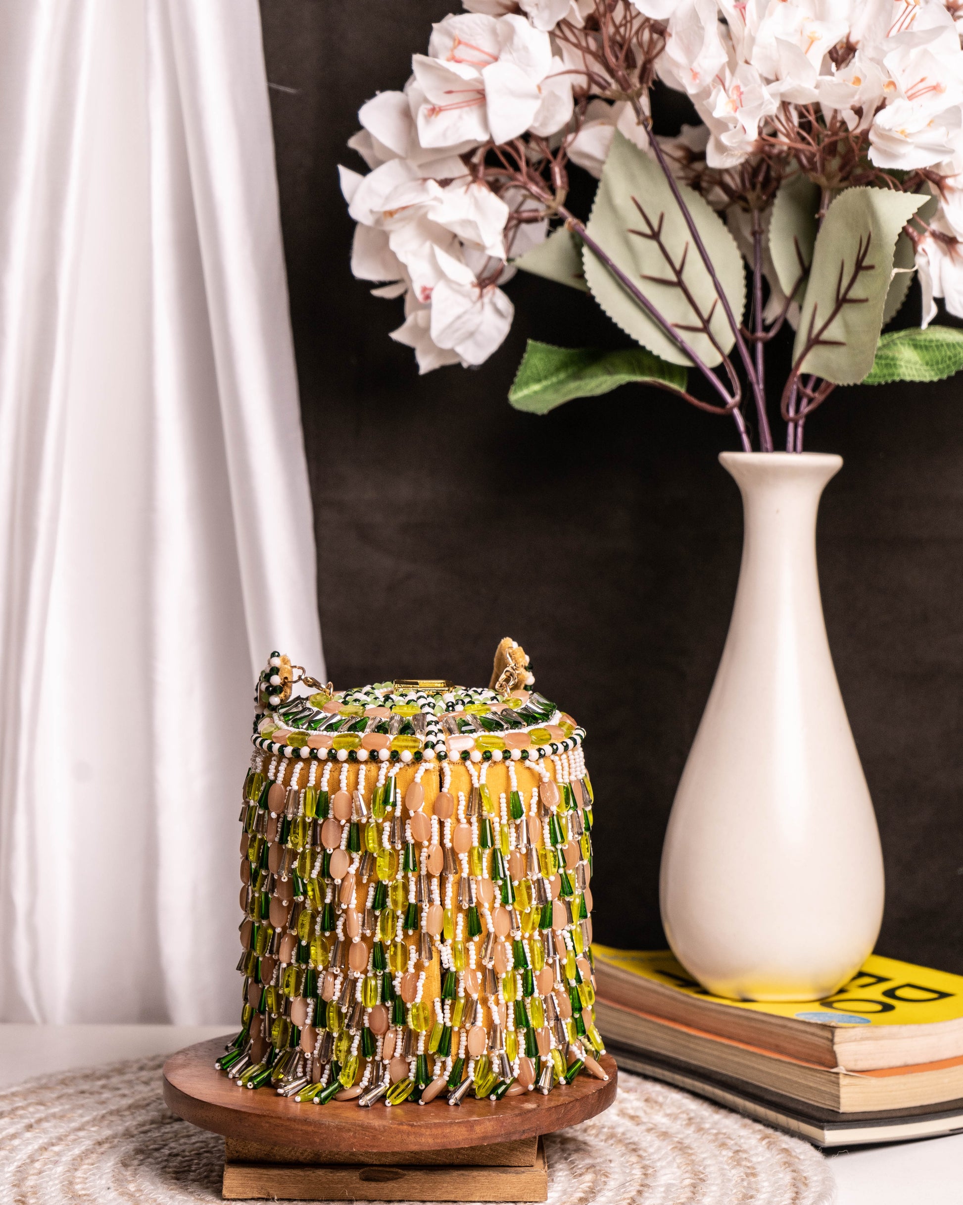 Ameira Green & Nude Crystal Beaded Box Bag