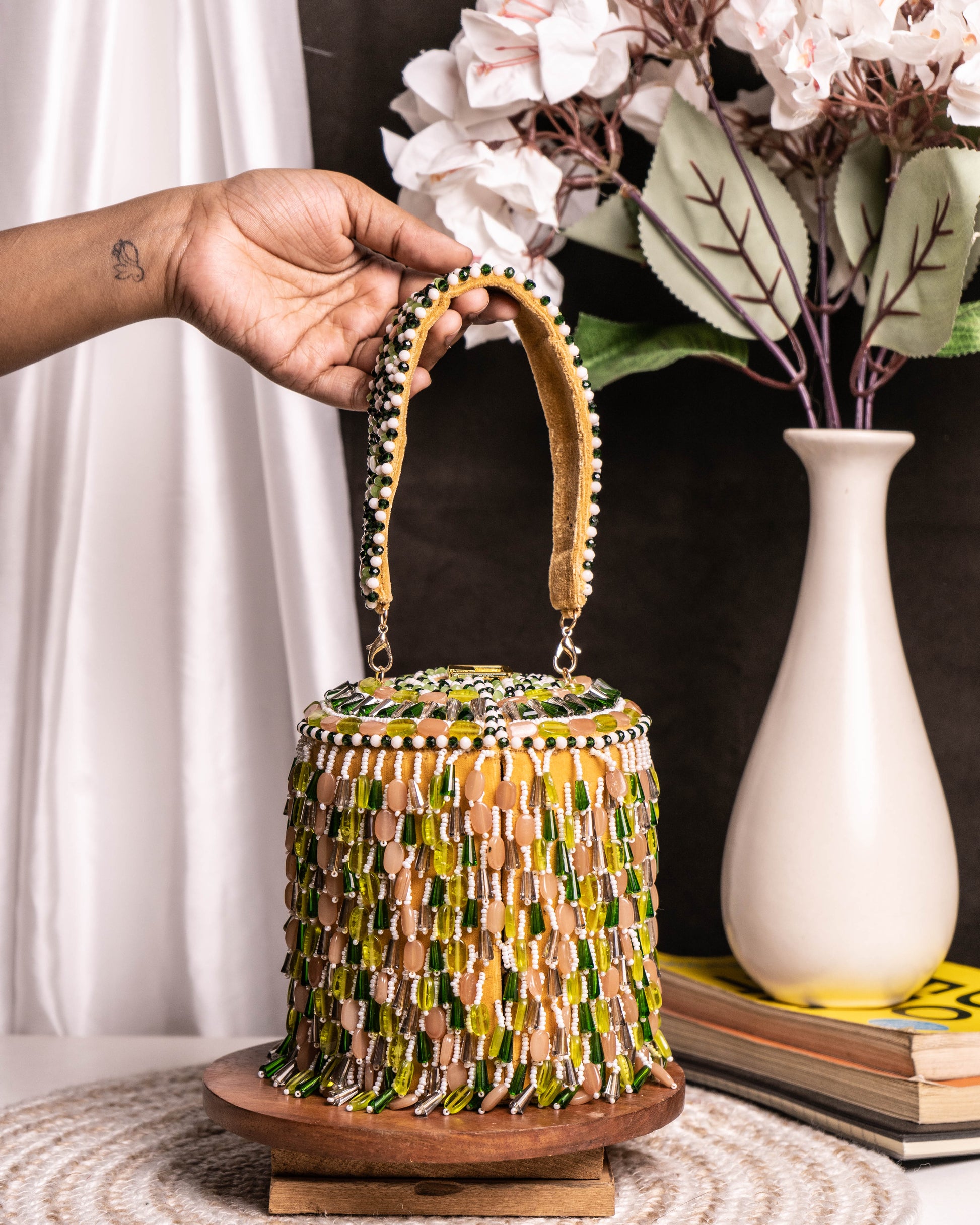 Ameira Green & Nude Crystal Beaded Box Bag