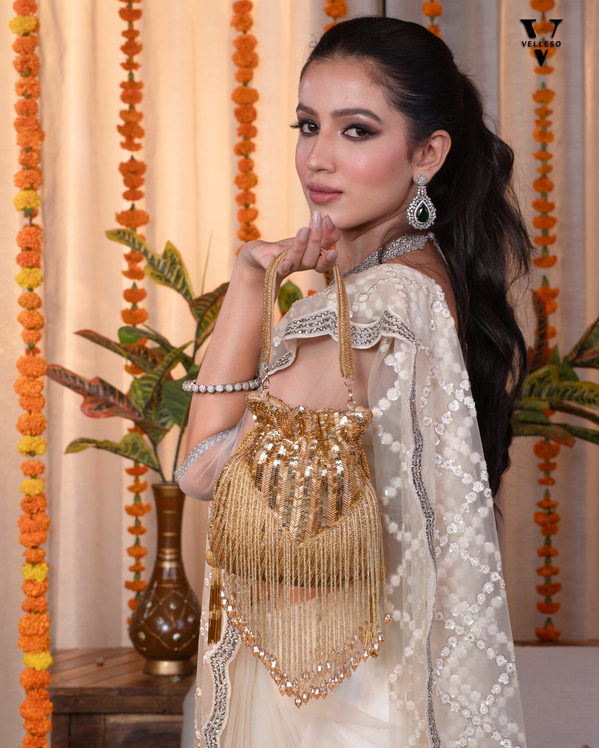 Sitara Gold Fringe Potli – Hand-Beaded Party Bag with Crystal Tassels
