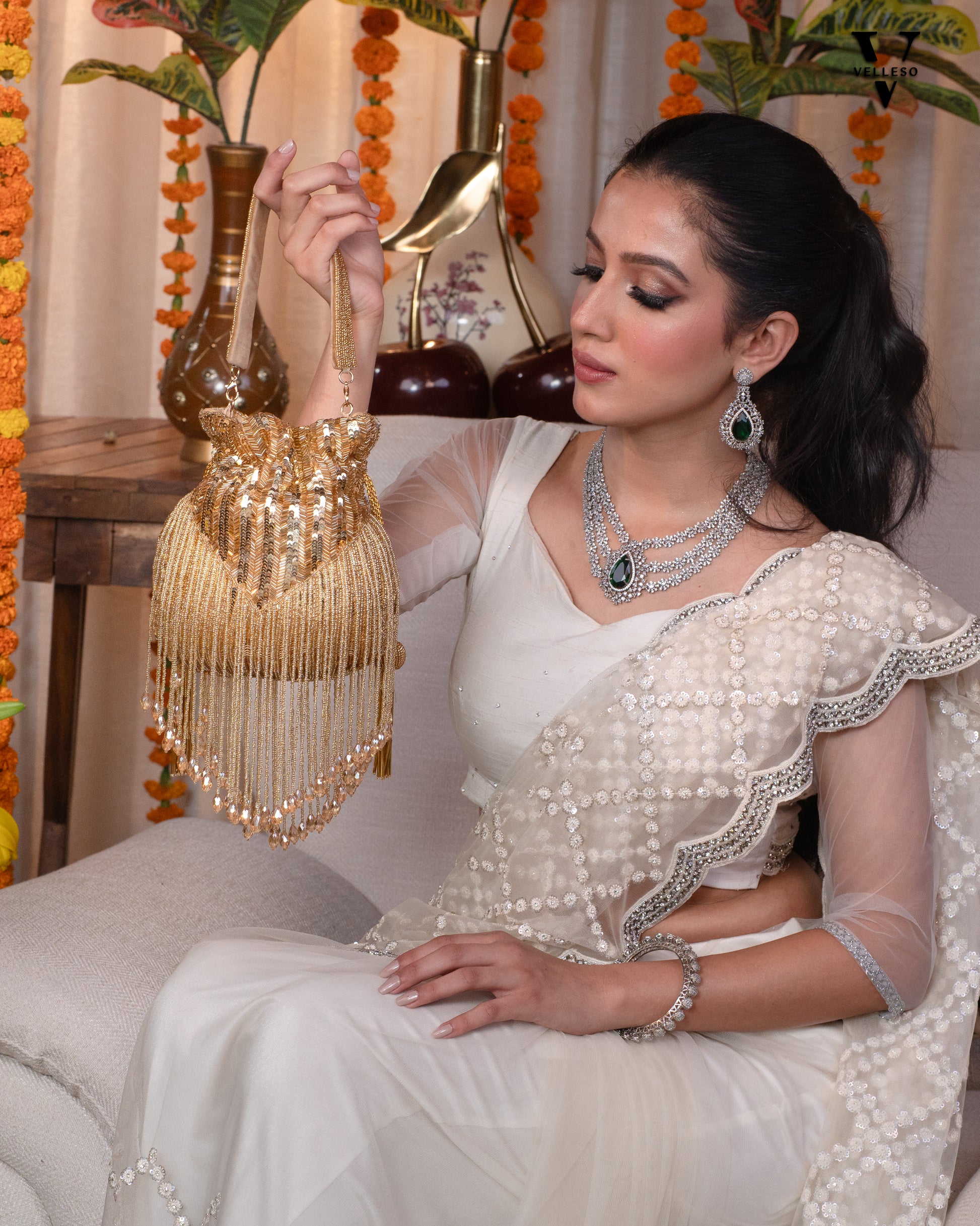 Sitara Gold Fringe Potli – Hand-Beaded Party Bag with Crystal Tassels