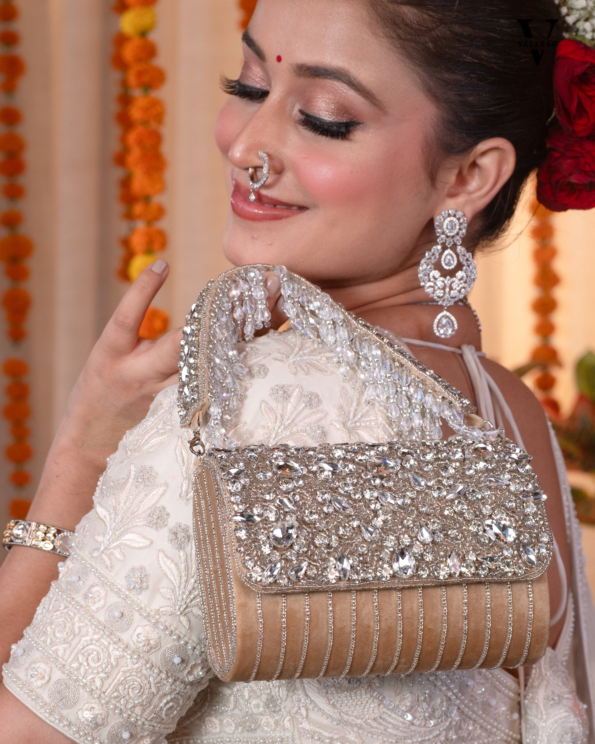Velleso Beige Avara Crystal Embellished Flap Over Bag