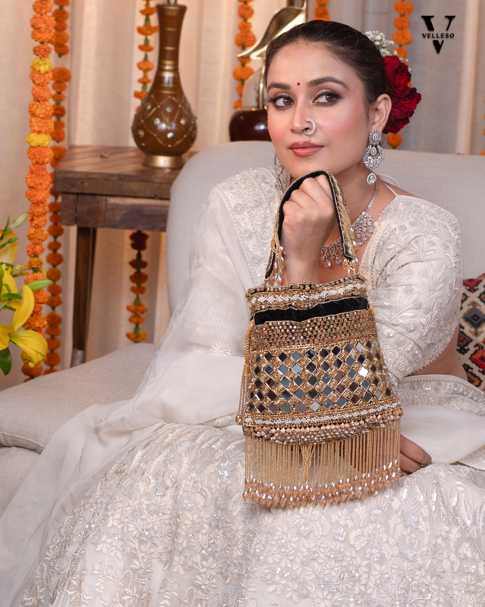 Zehra Mirror Embellished Fringe Potli Bag