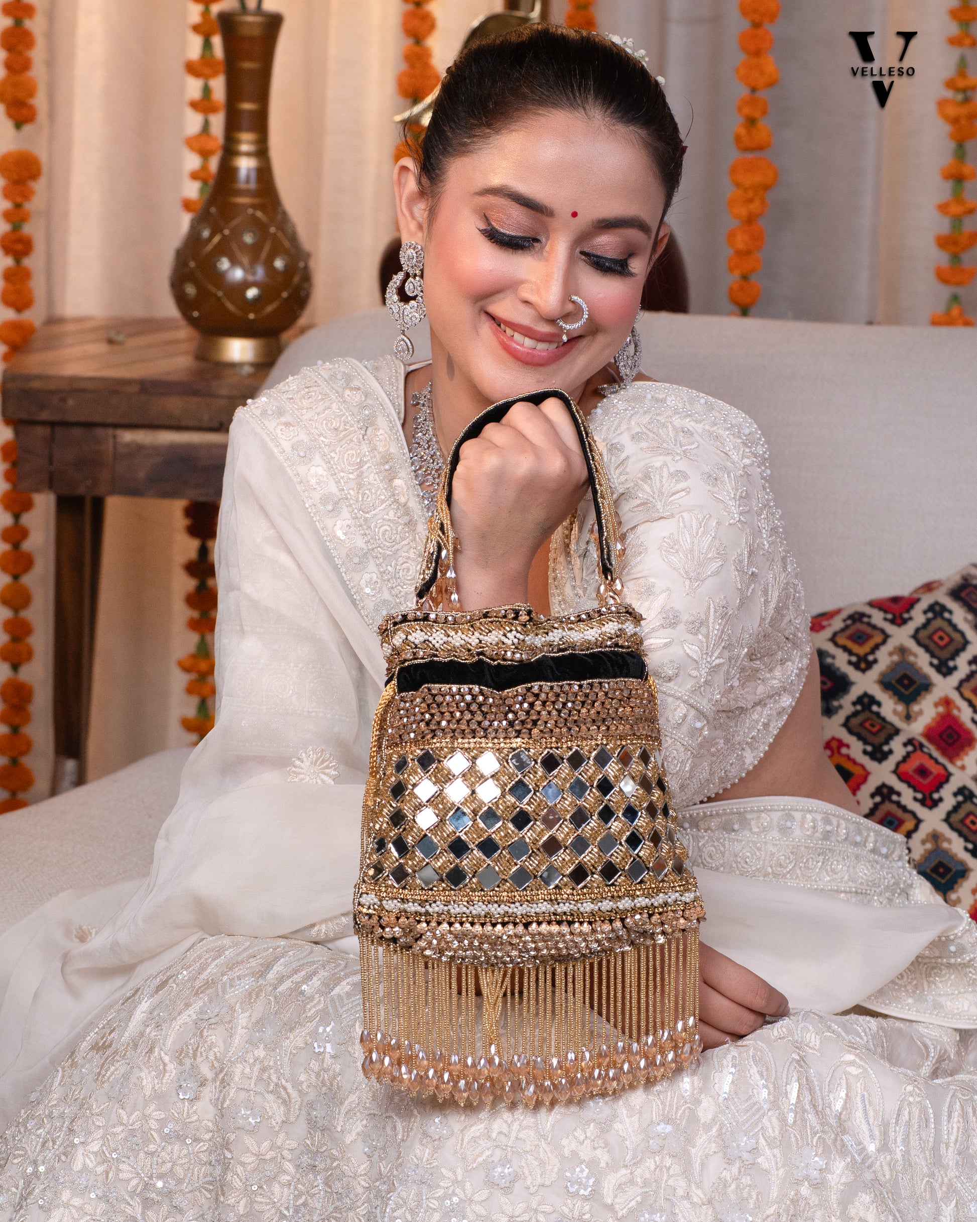 Zehra Mirror Embellished Fringe Potli Bag