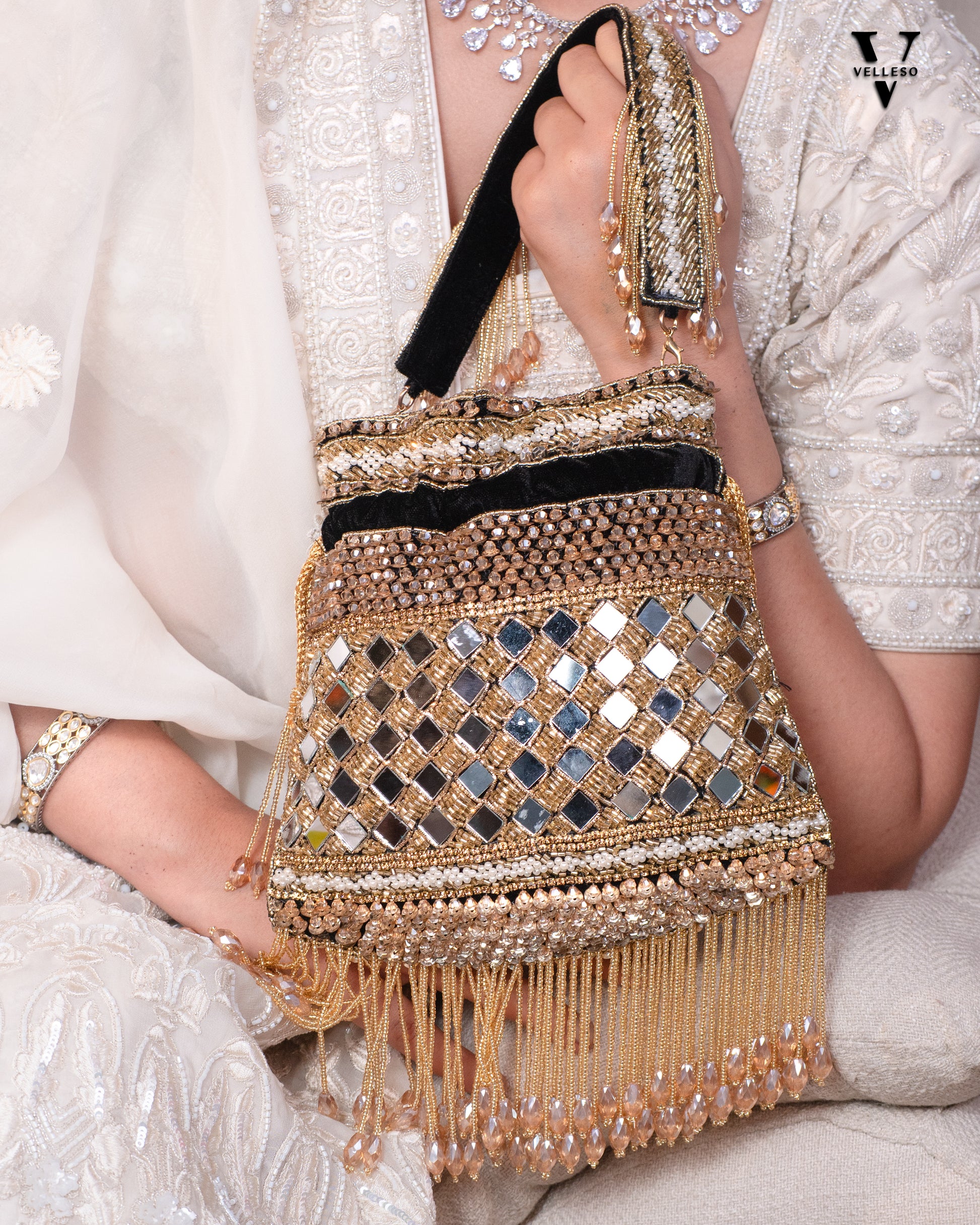 Zehra Mirror Embellished Fringe Potli Bag