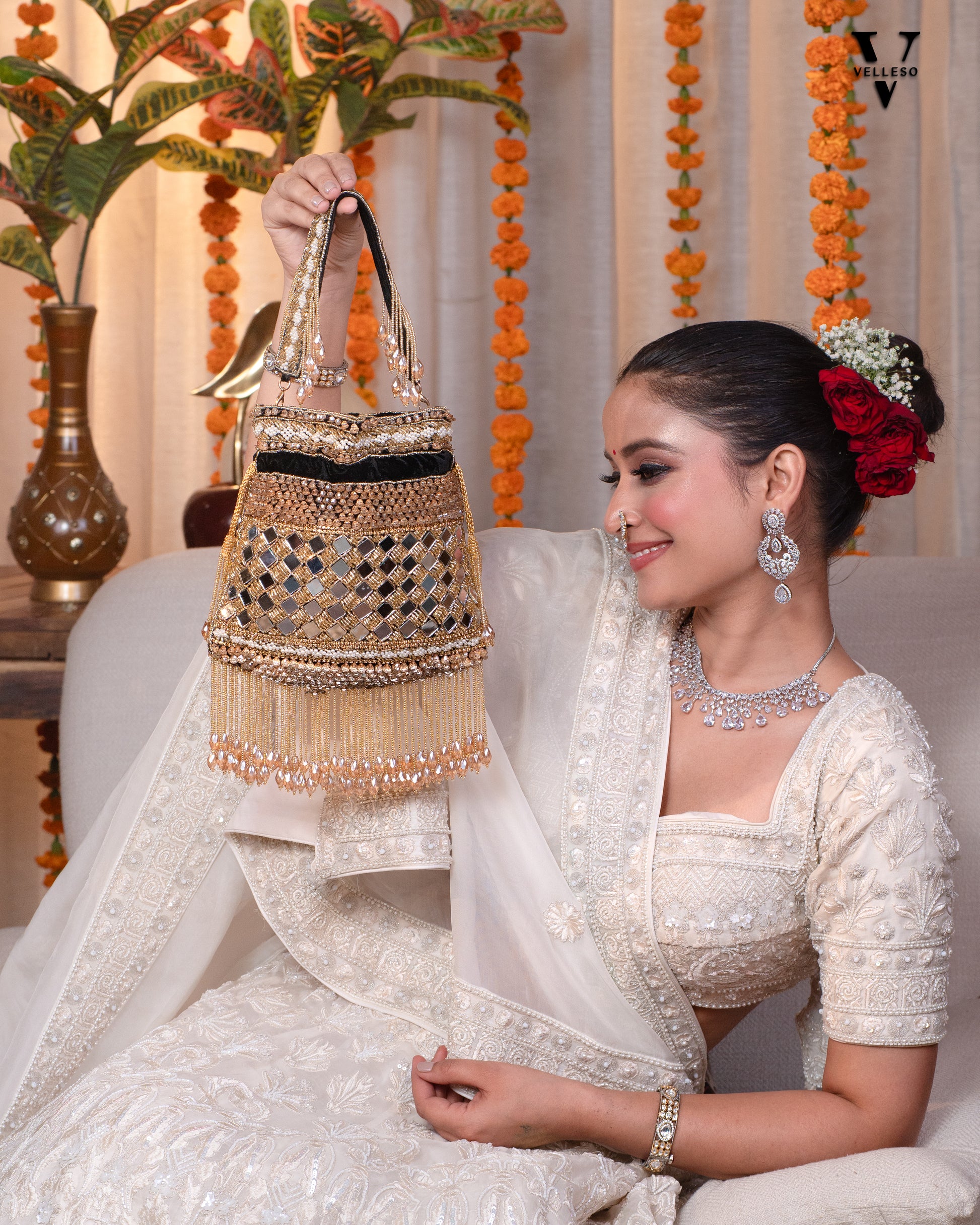Zehra Mirror Embellished Fringe Potli Bag