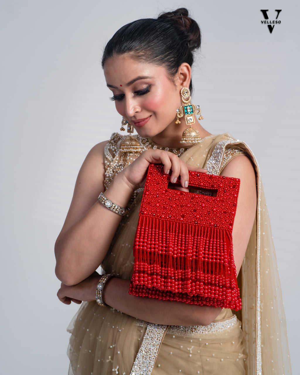 Noor Jahan Regal Crimson Beaded Fringe Clutch