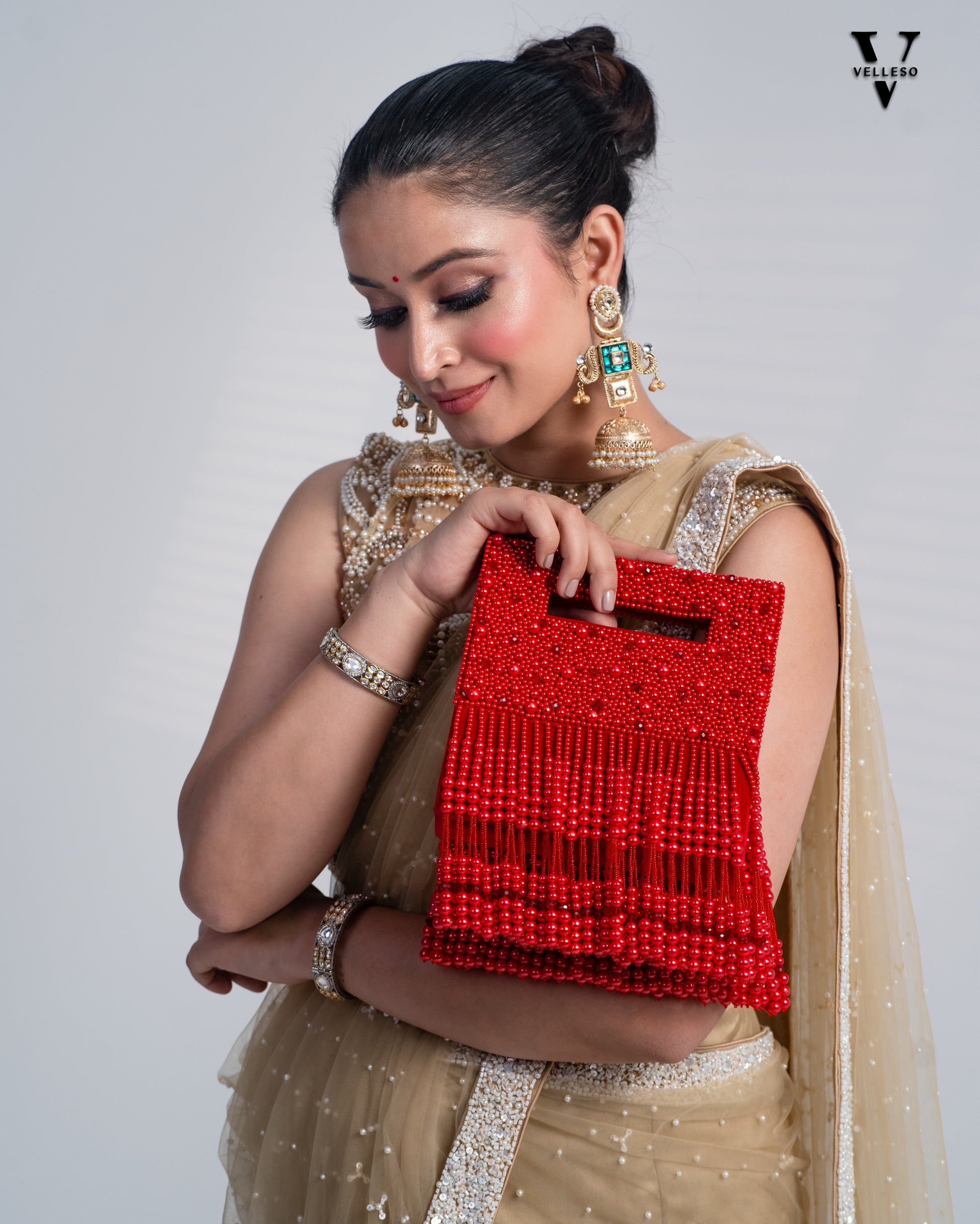 Noor Jahan Regal Crimson Beaded Fringe Clutch