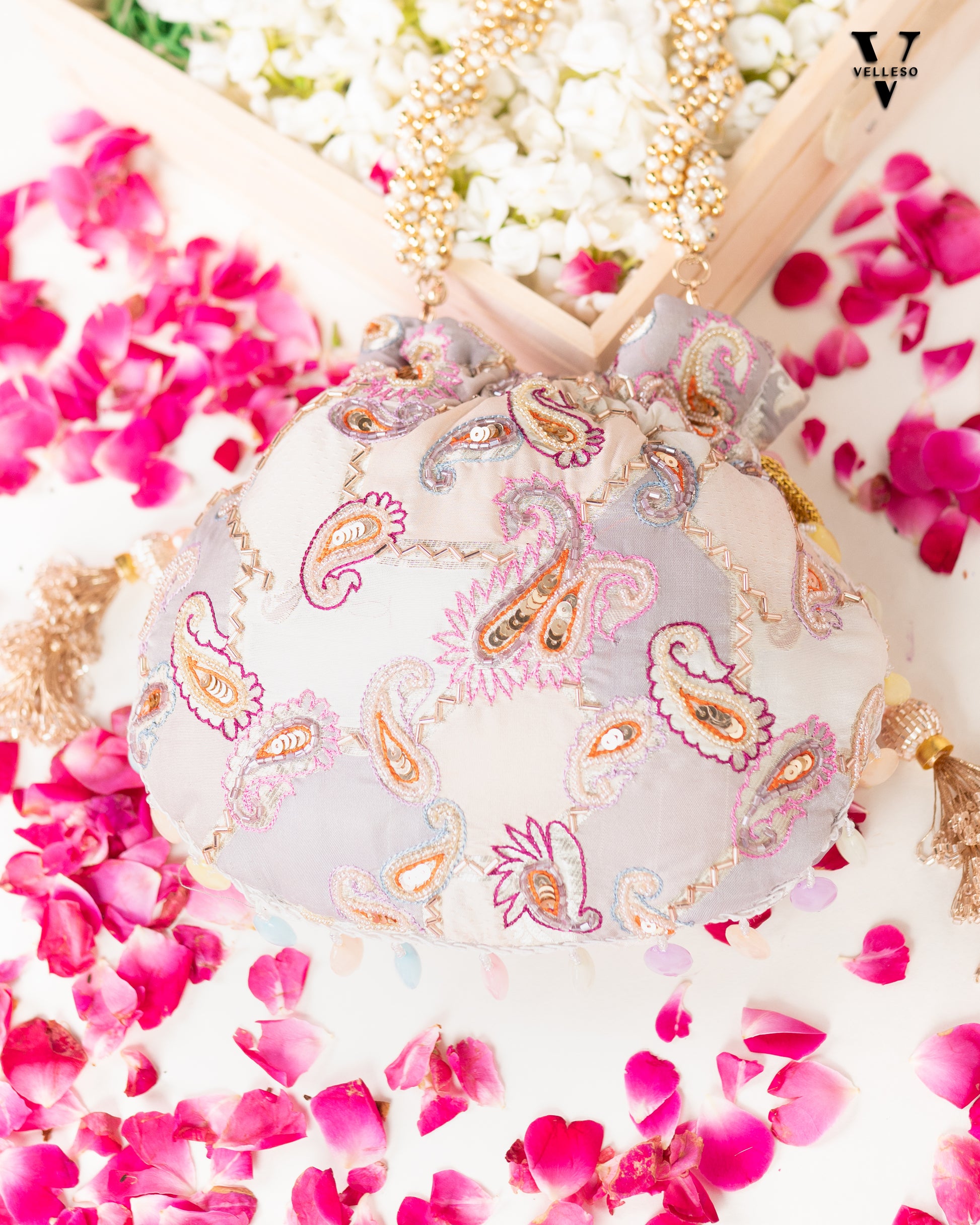 Sitara Round Potli Bag with Pastel Paisley Embroidery & Pearl Handle