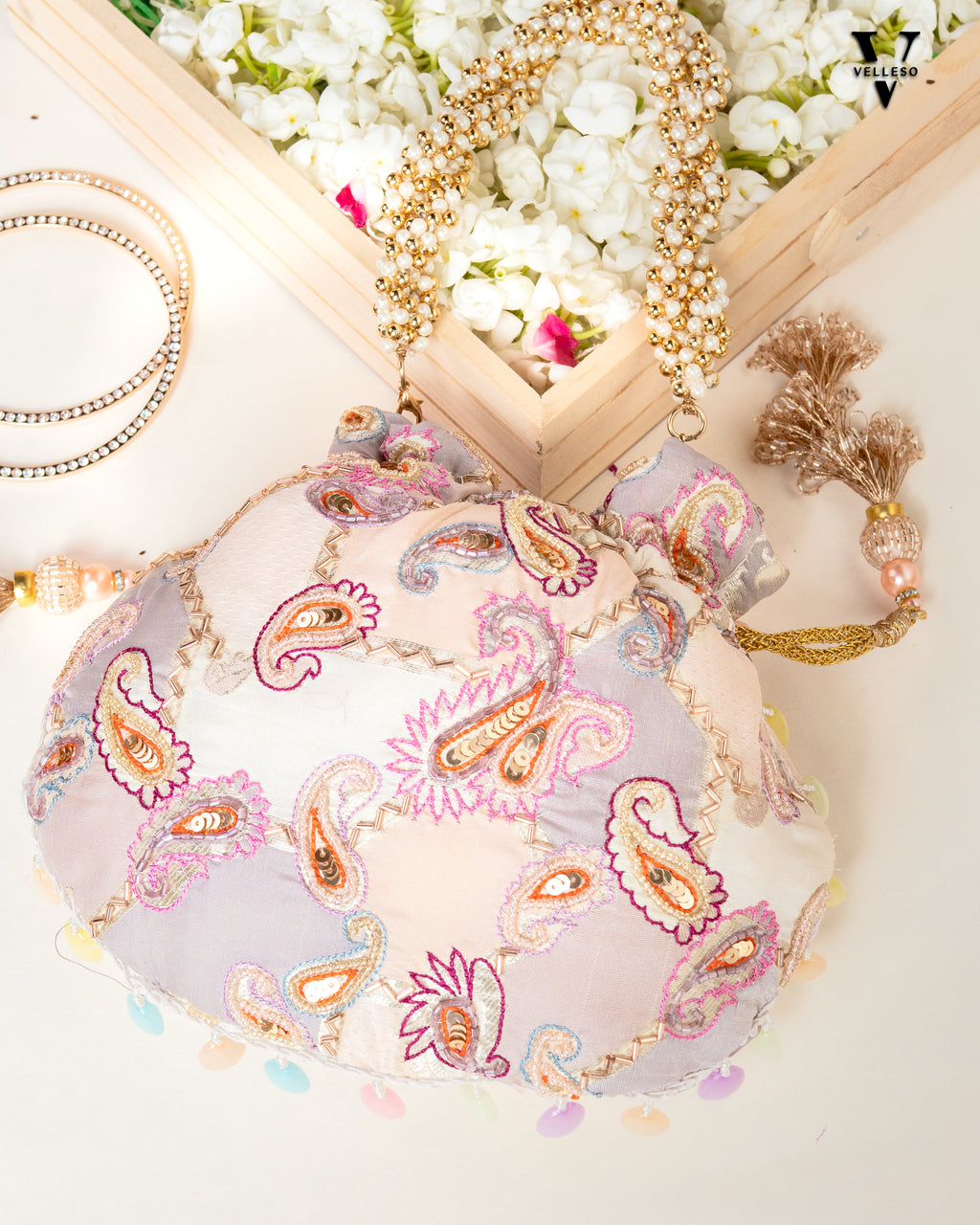 Sitara Round Potli Bag with Pastel Paisley Embroidery & Pearl Handle