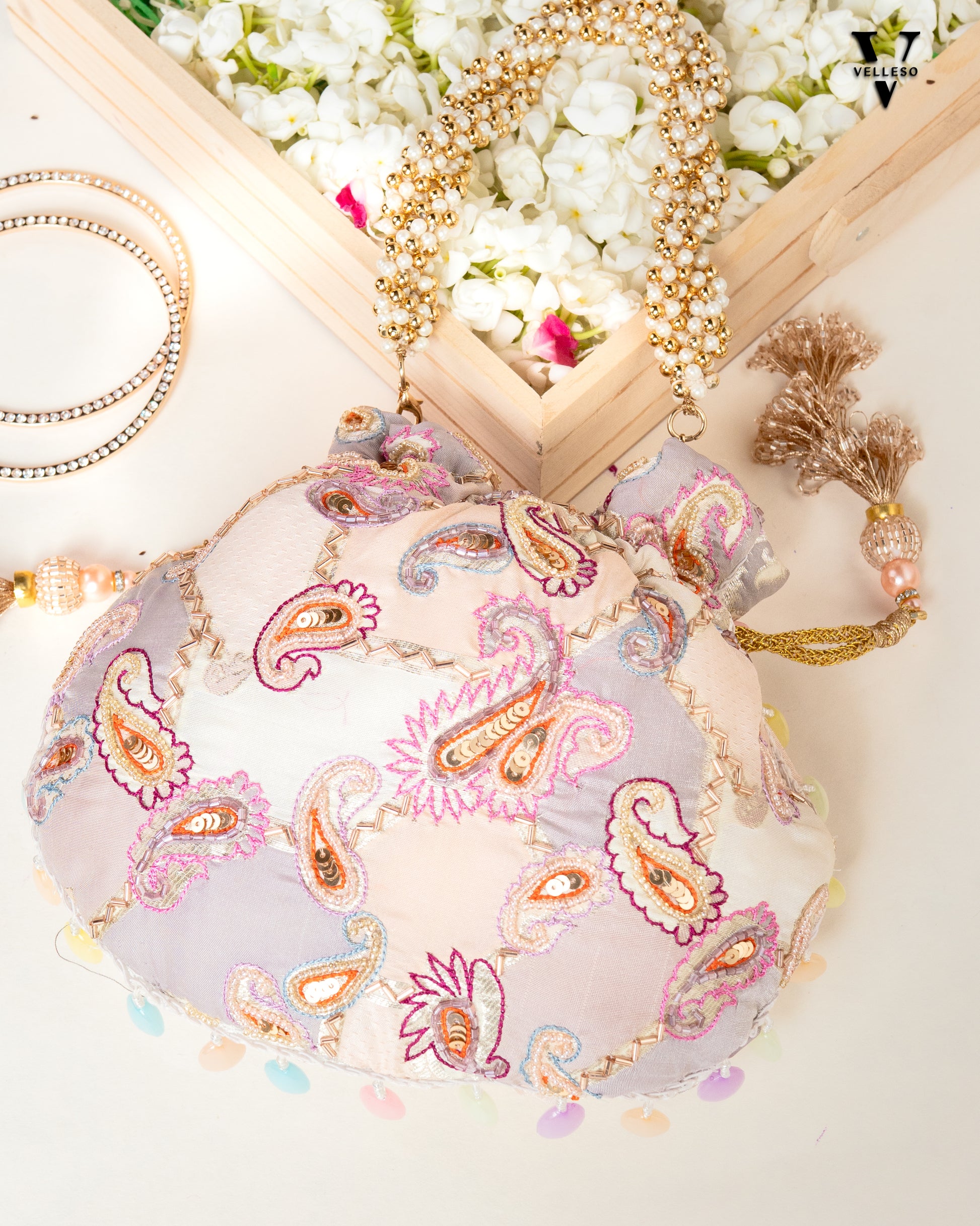 Sitara Round Potli Bag with Pastel Paisley Embroidery & Pearl Handle