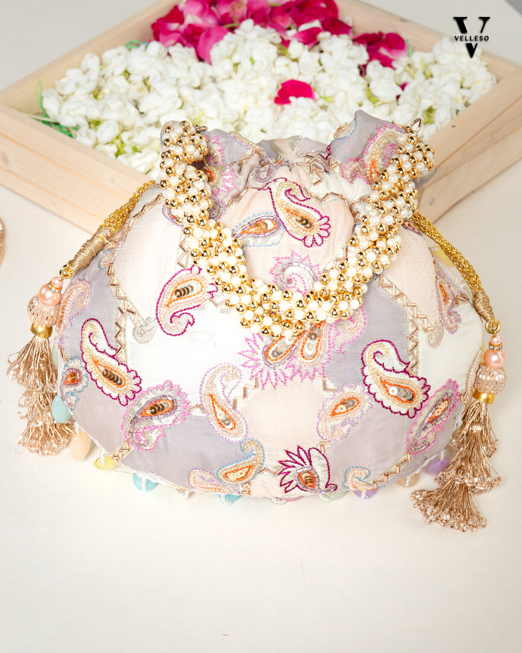 Sitara Round Potli Bag with Pastel Paisley Embroidery & Pearl Handle