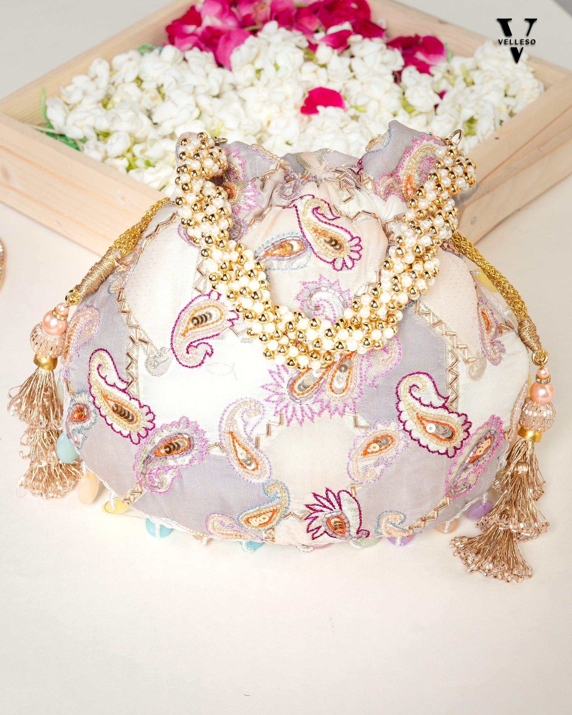 Sitara Round Potli Bag with Pastel Paisley Embroidery & Pearl Handle