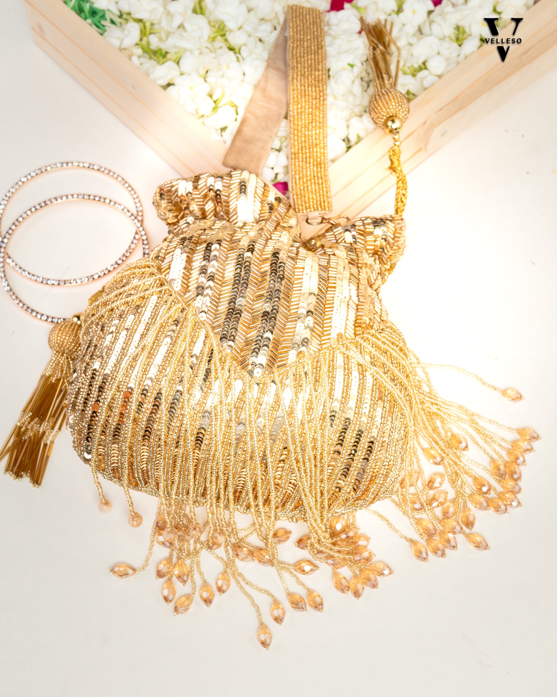 Sitara Gold Fringe Potli – Hand-Beaded Party Bag with Crystal Tassels