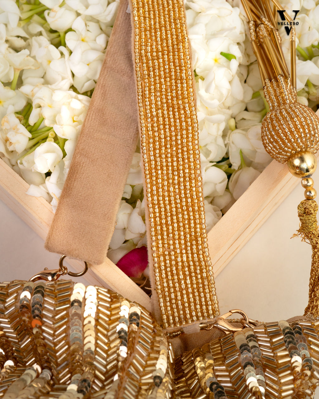 Sitara Gold Fringe Potli – Hand-Beaded Party Bag with Crystal Tassels