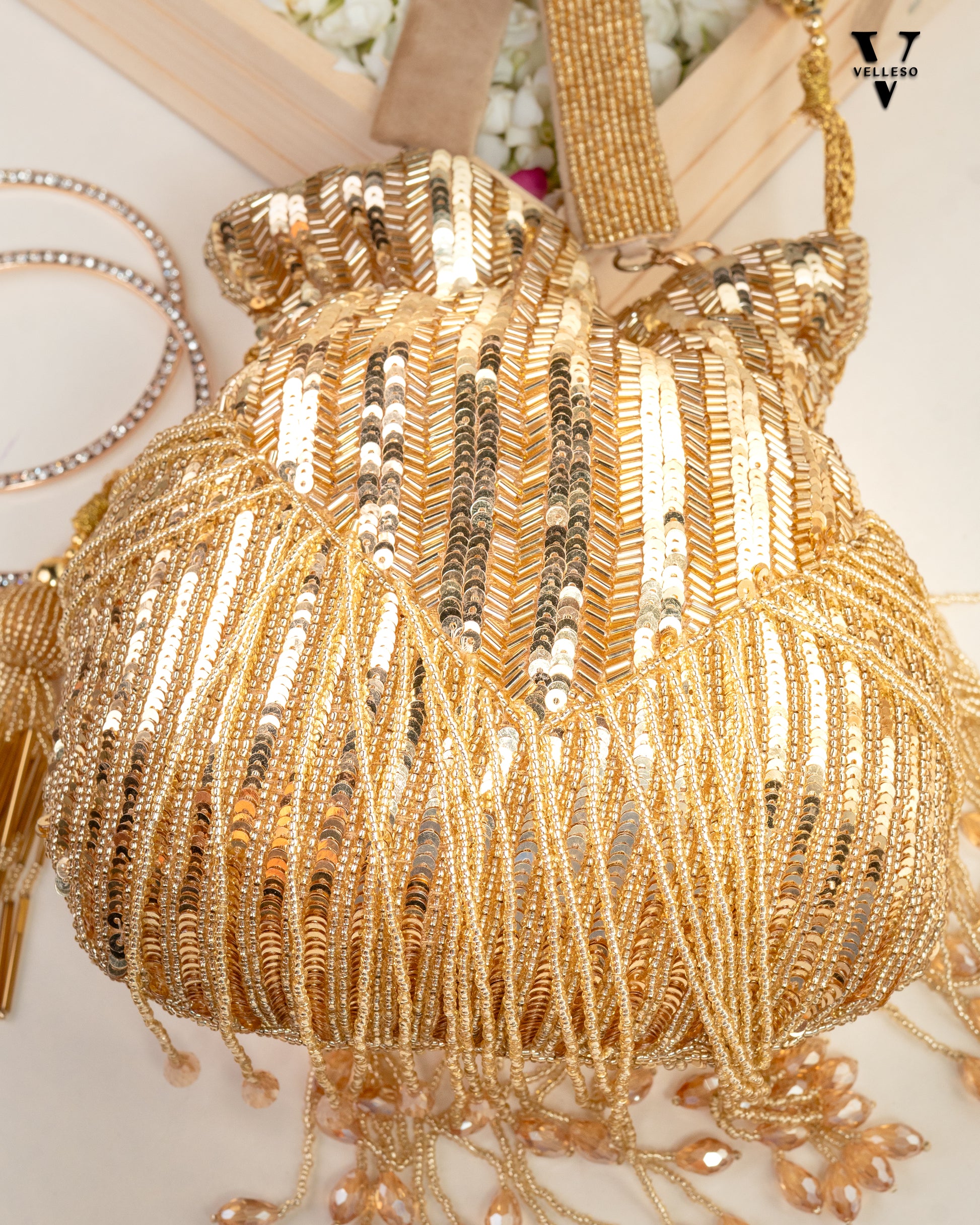 Sitara Gold Fringe Potli – Hand-Beaded Party Bag with Crystal Tassels