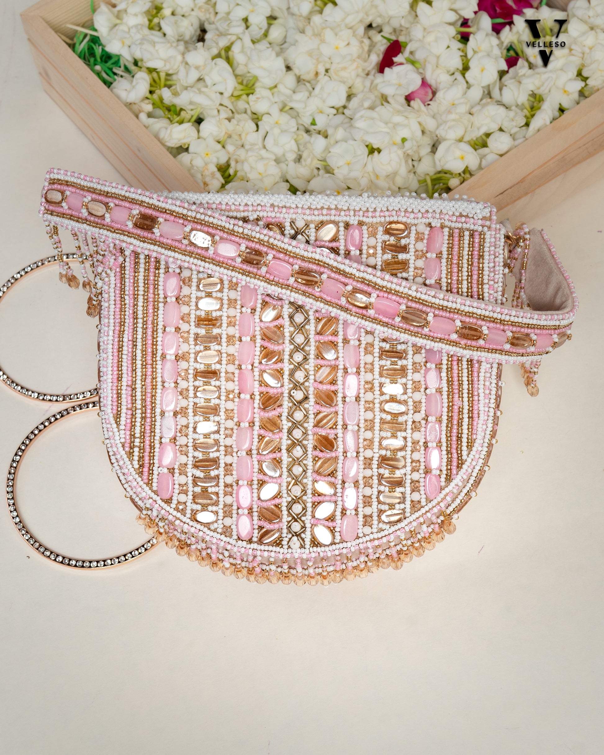 Aurela Pastel Pink & Gold Beaded Crescent Clutch