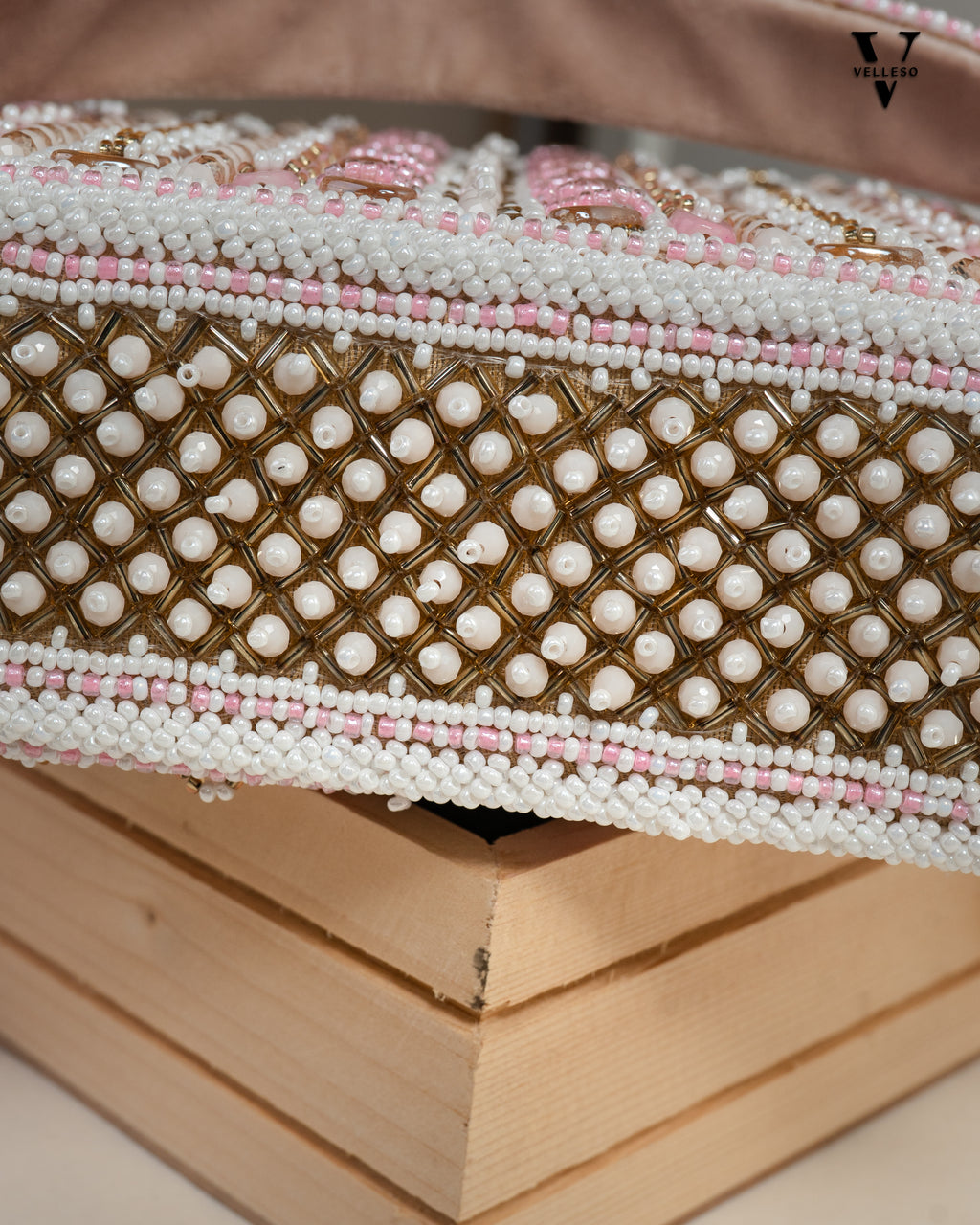 Aurela Pastel Pink & Gold Beaded Crescent Clutch