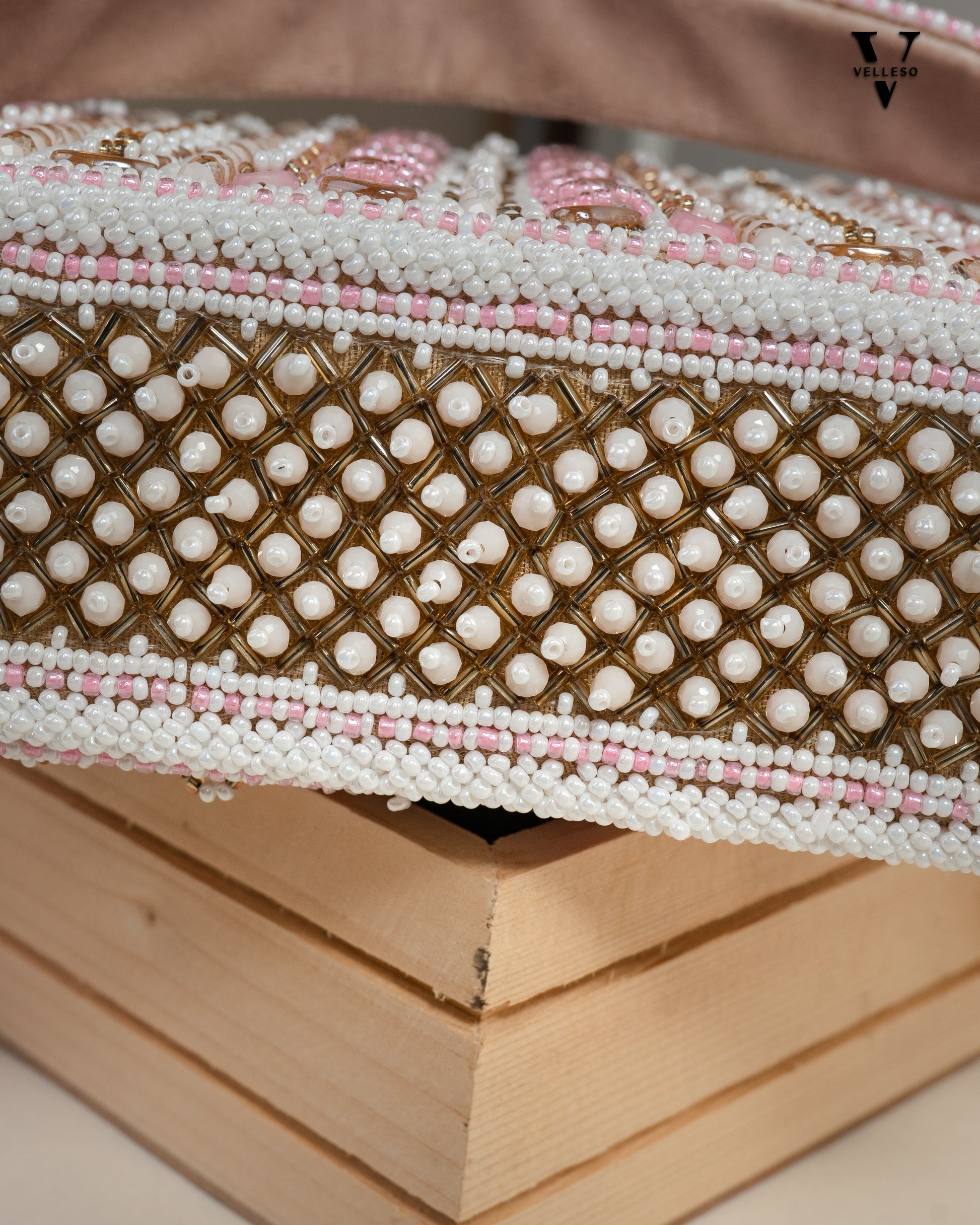 Aurela Pastel Pink & Gold Beaded Crescent Clutch