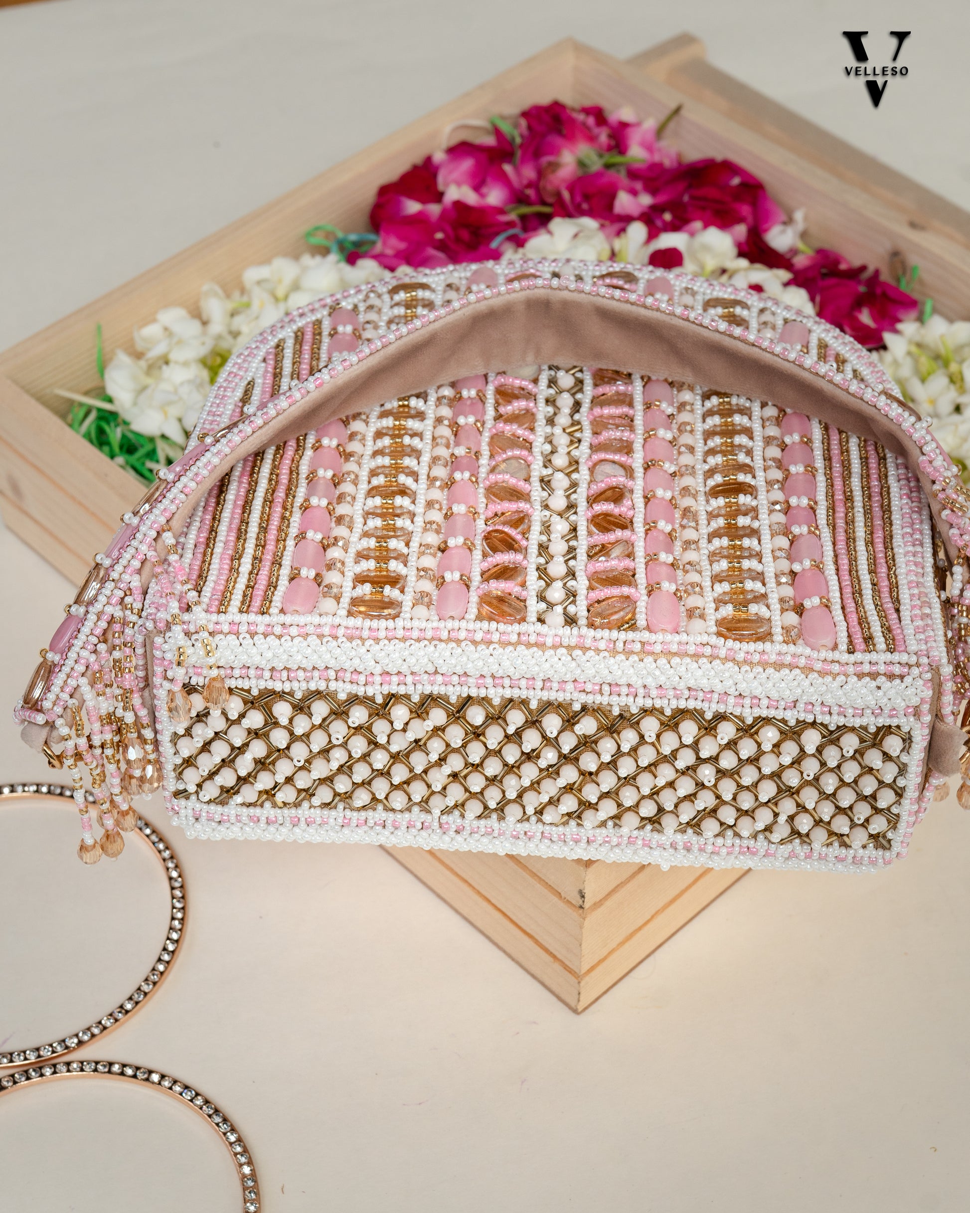 Aurela Pastel Pink & Gold Beaded Crescent Clutch