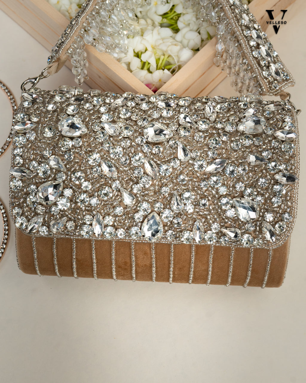 Velleso Beige Avara Crystal Embellished Flap Over Bag