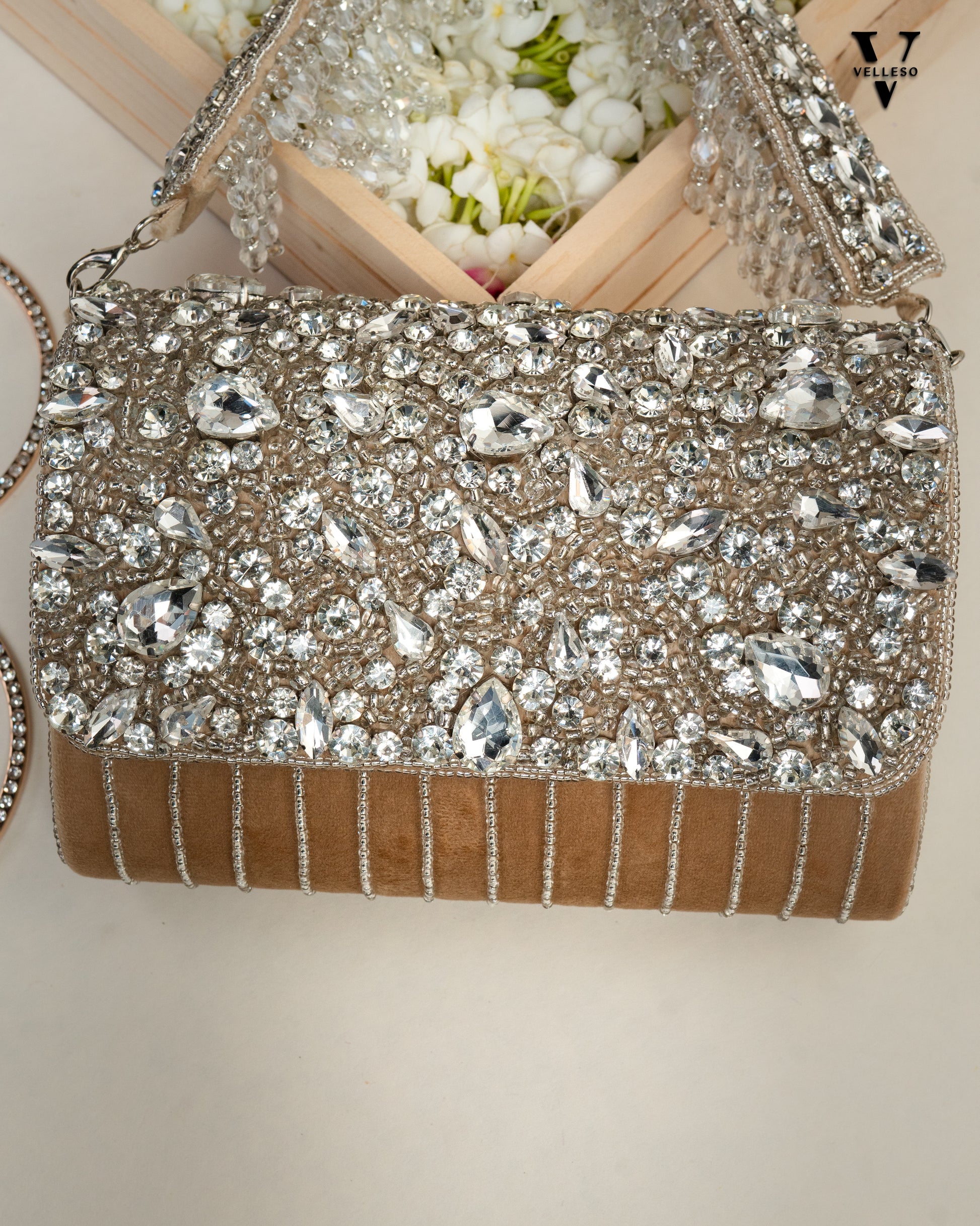 Velleso Beige Avara Crystal Embellished Flap Over Bag