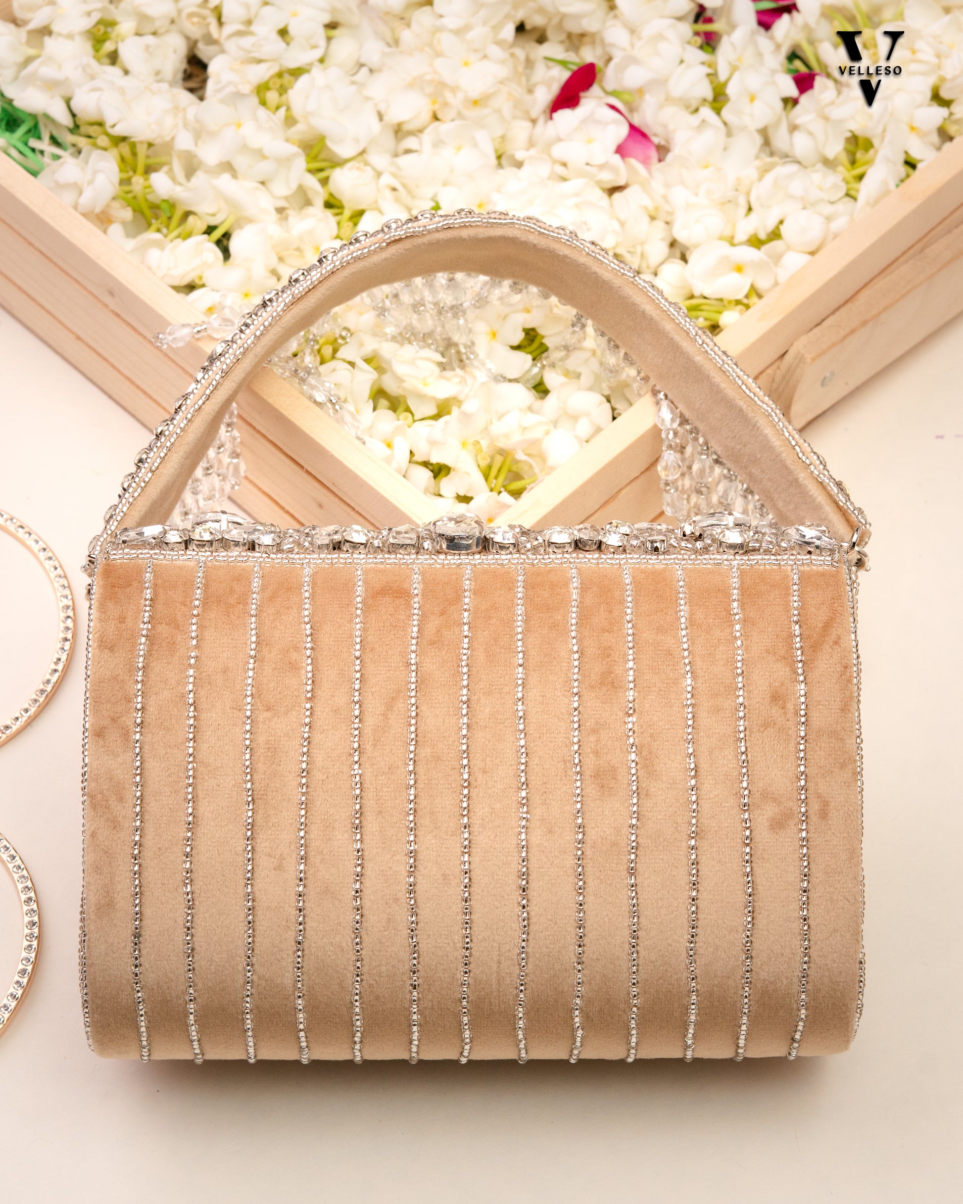 Velleso Beige Avara Crystal Embellished Flap Over Bag