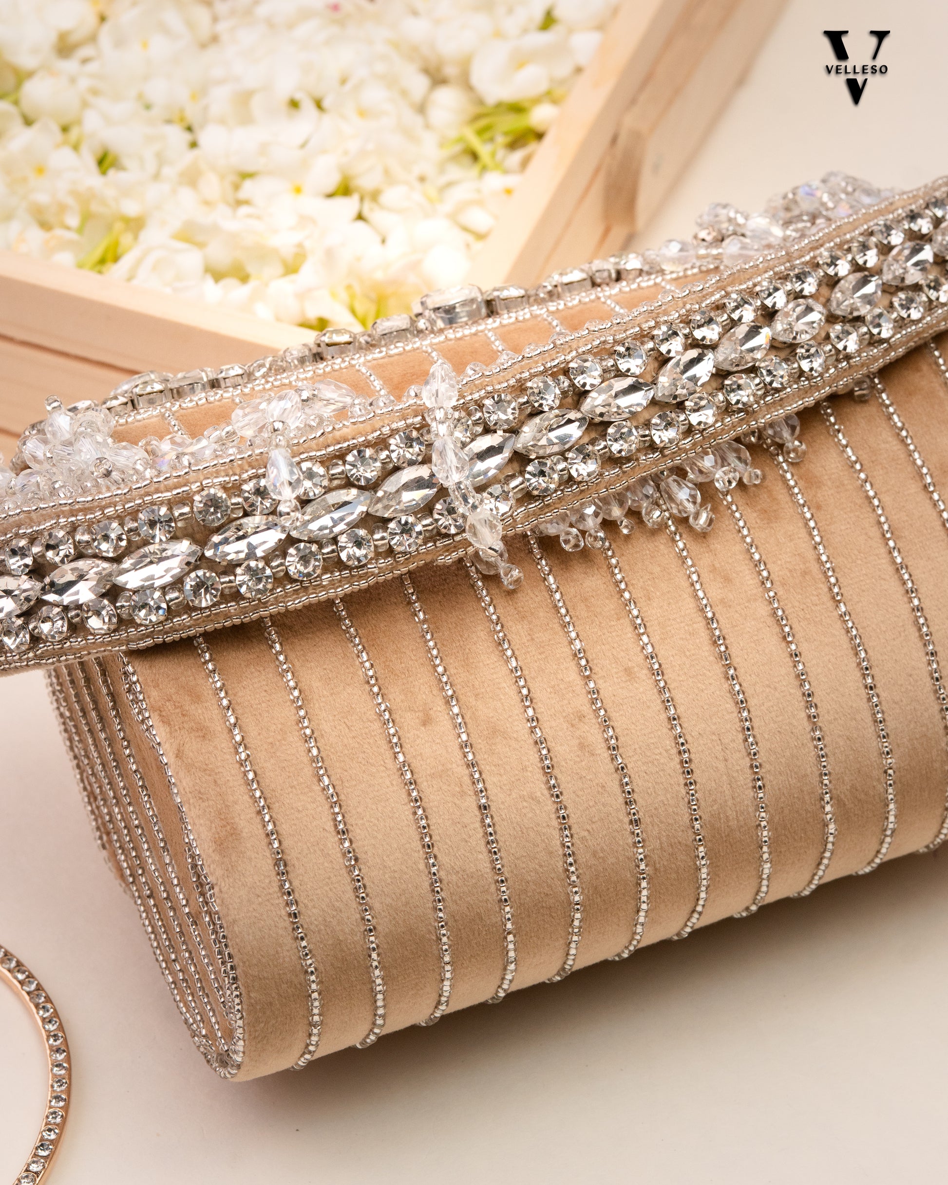 Velleso Beige Avara Crystal Embellished Flap Over Bag
